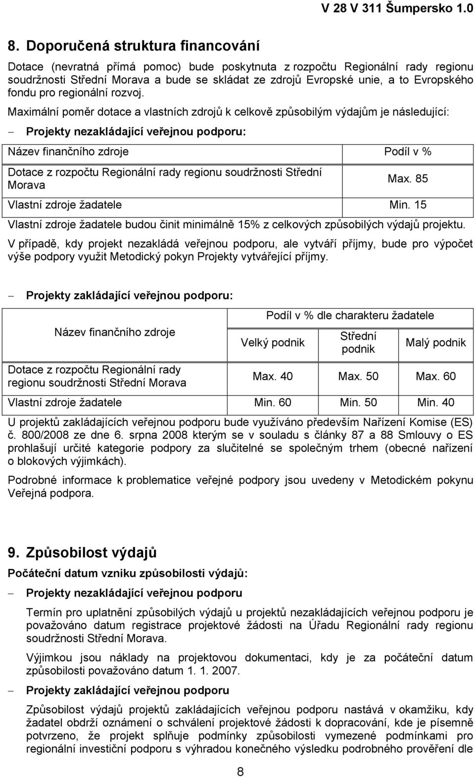 Maximální poměr dotace a vlastních zdrojů k celkově způsobilým výdajům je následující: Projekty nezakládající veřejnou podporu: Název finančního zdroje Podíl v % Dotace z rozpočtu Regionální rady