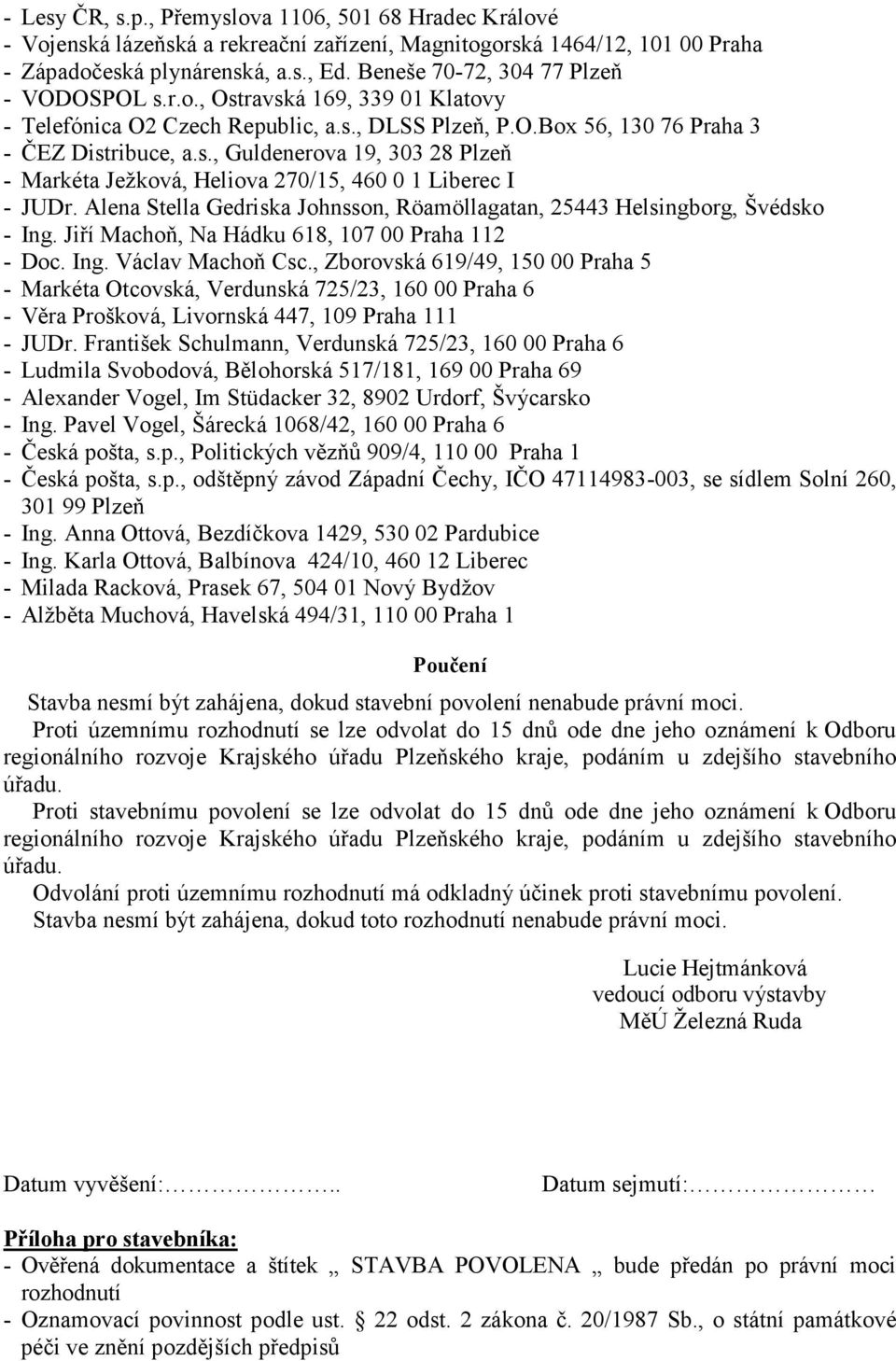 Alena Stella Gedriska Johnsson, Röamöllagatan, 25443 Helsingborg, Švédsko - Ing. Jiří Machoň, Na Hádku 618, 107 00 Praha 112 - Doc. Ing. Václav Machoň Csc.