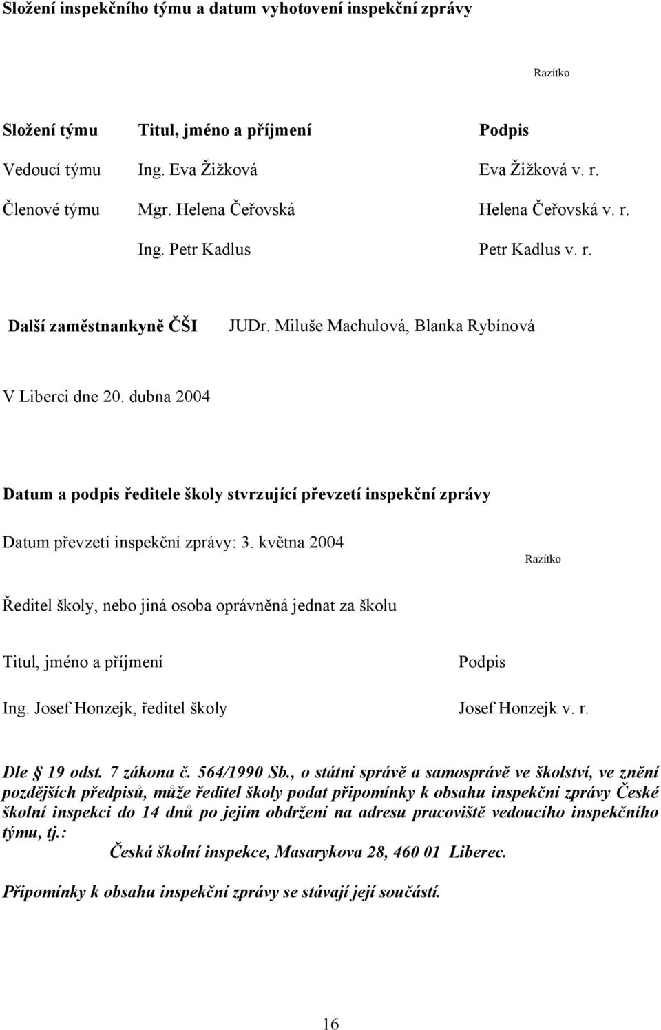 dubna 2004 Datum a podpis ředitele školy stvrzující převzetí inspekční zprávy Datum převzetí inspekční zprávy: 3.