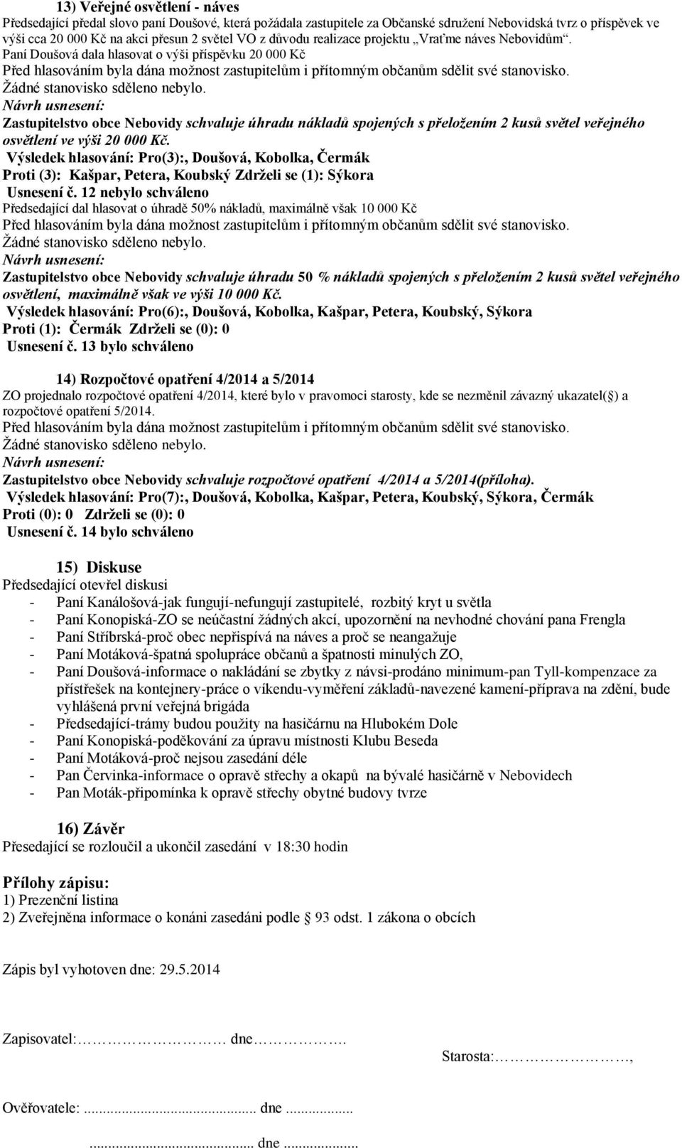 Paní Doušová dala hlasovat o výši příspěvku 20 000 Kč Zastupitelstvo obce Nebovidy schvaluje úhradu nákladů spojených s přeložením 2 kusů světel veřejného osvětlení ve výši 20 000 Kč.