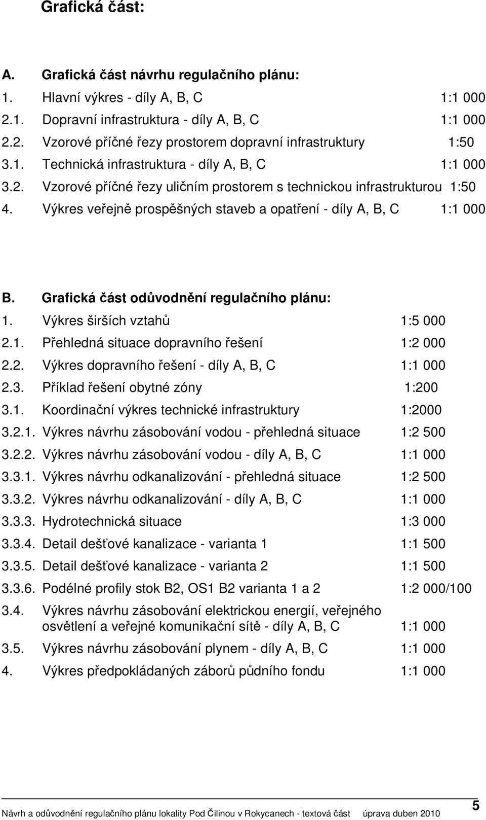 Výkres veřejně prospěšných staveb a opatření - díly A, B, C 1:1 000 B. Grafická část odůvodnění regulačního plánu: 1. Výkres širších vztahů 1:5 000 2.1. Přehledná situace dopravního řešení 1:2 000 2.