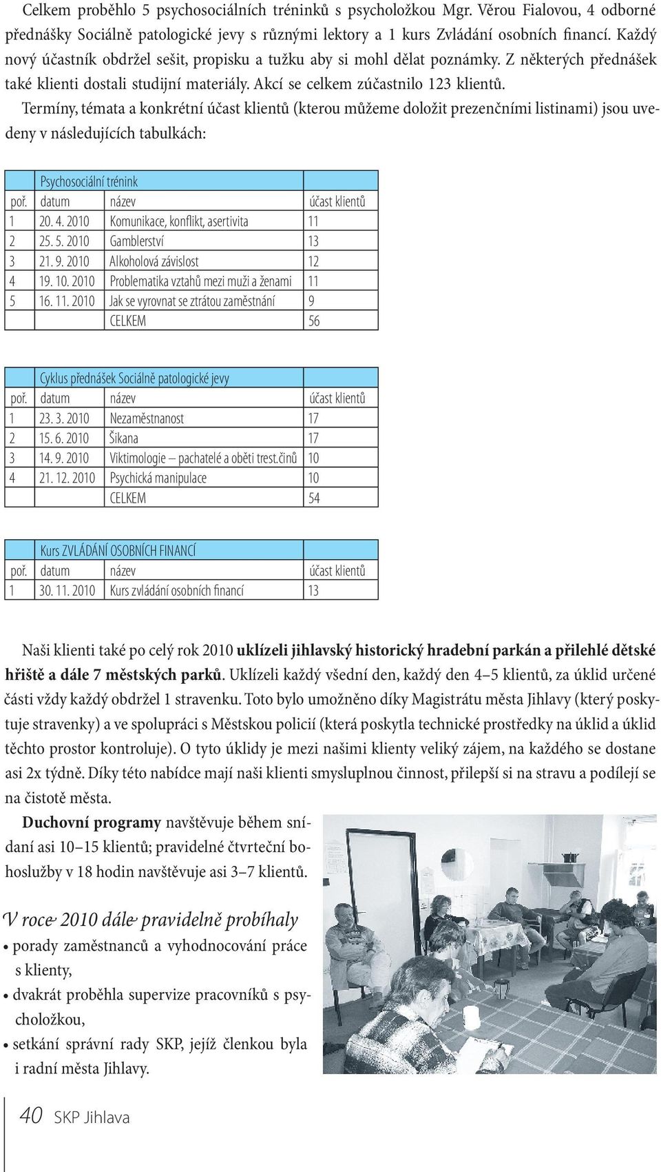 Termíny, témata a konkrétní účast klientů (kterou můžeme doložit prezenčními listinami) jsou uvedeny v následujících tabulkách: Psychosociální trénink poř. datum název účast klientů 1 20. 4.