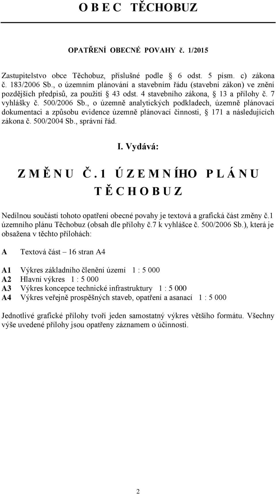 , o územně analytických podkladech, územně plánovací dokumentaci a způsobu evidence územně plánovací činnosti, 171 a následujících zákona č. 500/2004 Sb., správní řád. I. Vydává: Z M Ě N U Č.