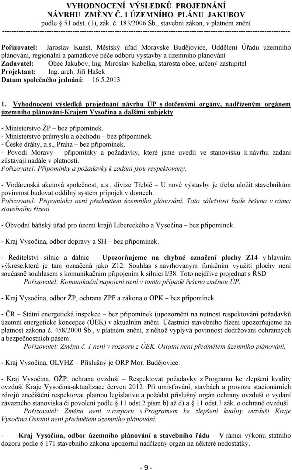 Moravské Budějovice, Oddělení Úřadu územního plánování, regionální a památkové péče odboru výstavby a územního plánování Zadavatel: Obec Jakubov, Ing.