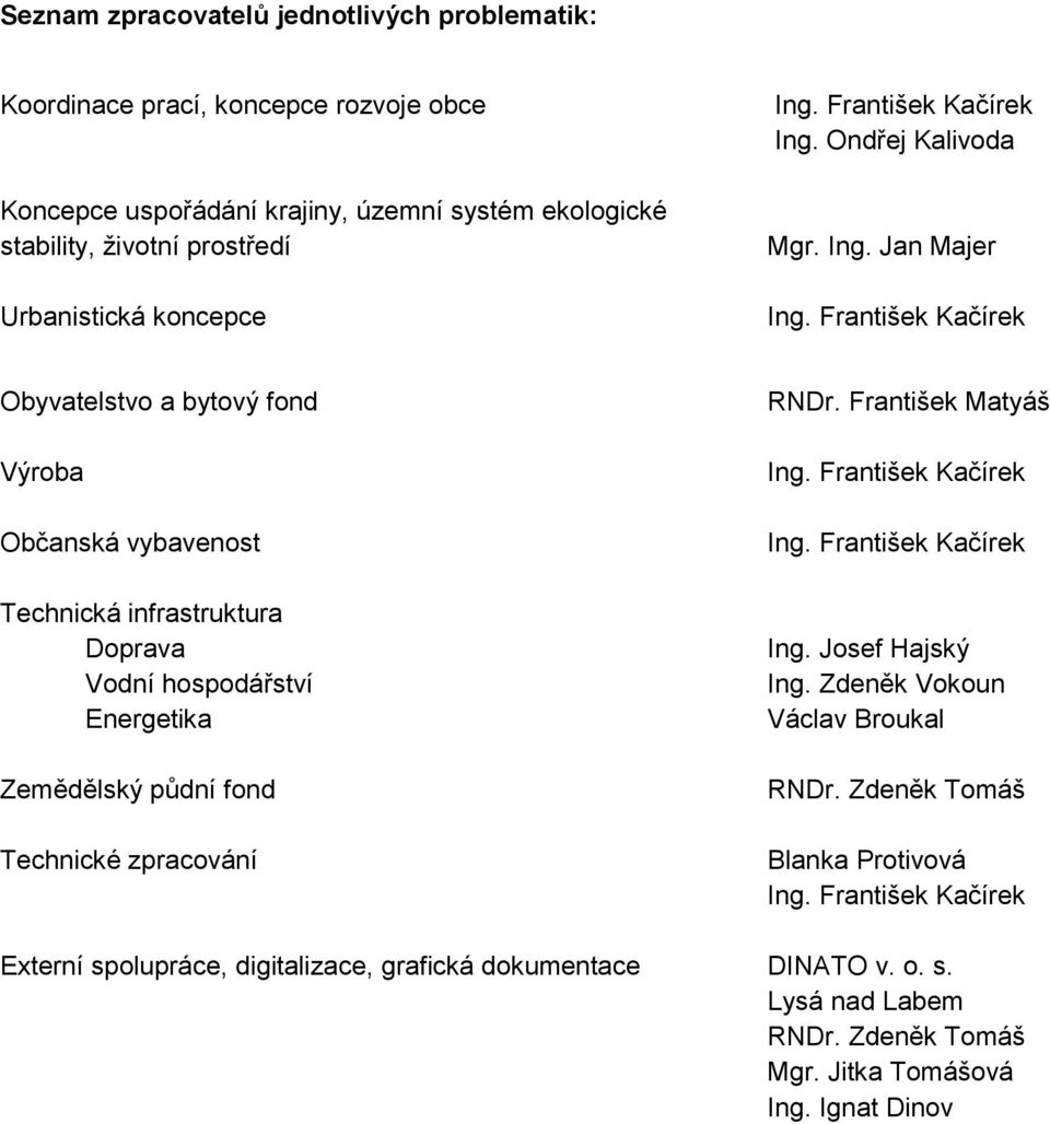 František Kačírek Obyvatelstvo a bytový fond Výroba Občanská vybavenost Technická infrastruktura Doprava Vodní hospodářství Energetika Zemědělský půdní fond Technické zpracování RNDr.