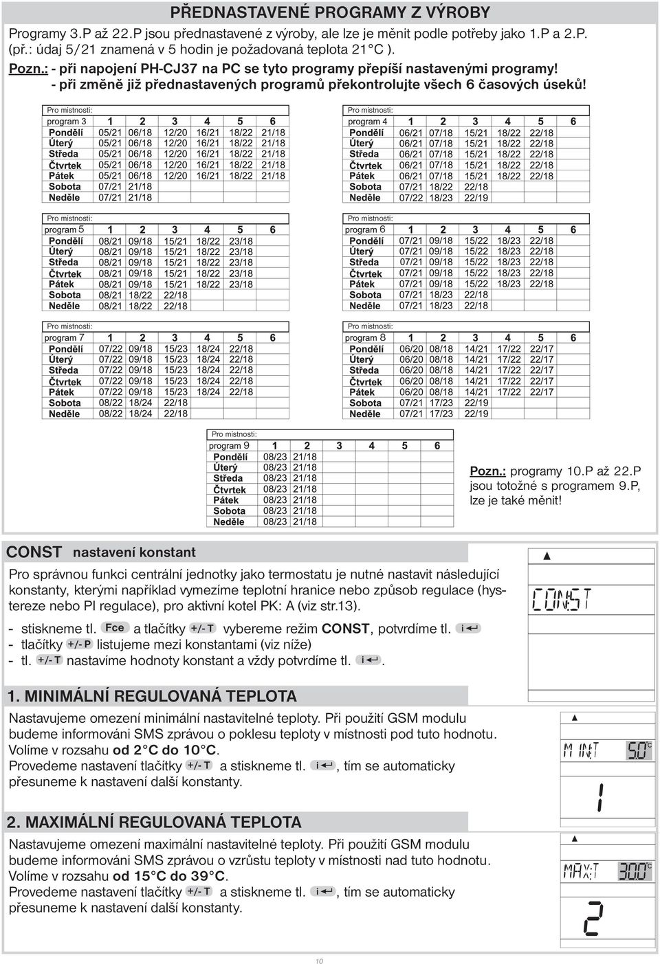 Pro místnosti: Pro místnosti: Pro místnosti: 5 Pro místnosti: 6 Pro místnosti: 7 Pro místnosti: 8 Pro místnosti: 9 Pozn.: programy 10.P až 22.P jsou totožné s programem 9.P, lze je také měnit!