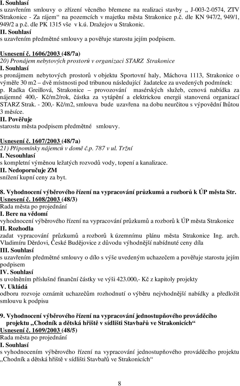 1606/2003 (48/7a) 20) Pronájem nebytových prostorů v organizaci STARZ Strakonice s pronájmem nebytových prostorů v objektu Sportovní haly, Máchova 1113, Strakonice o výměře 30 m2 dvě místnosti pod