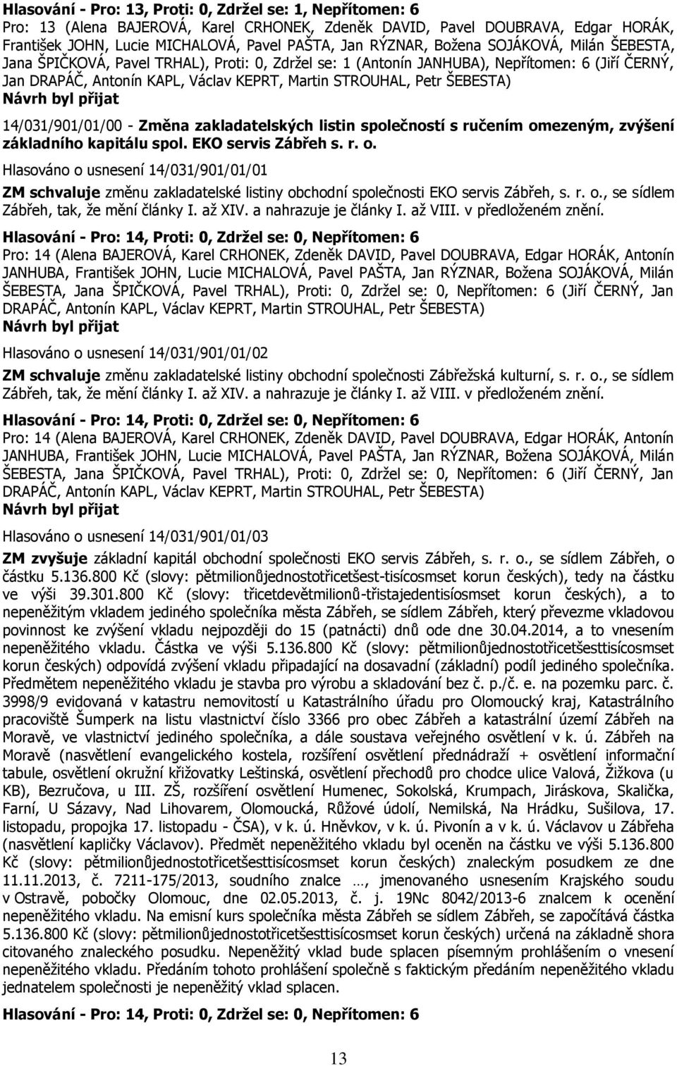 ručením omezeným, zvýšení základního kapitálu spol. EKO servis Zábřeh s. r. o. Hlasováno o usnesení 14/031/901/01/01 ZM schvaluje změnu zakladatelské listiny obchodní společnosti EKO servis Zábřeh, s.