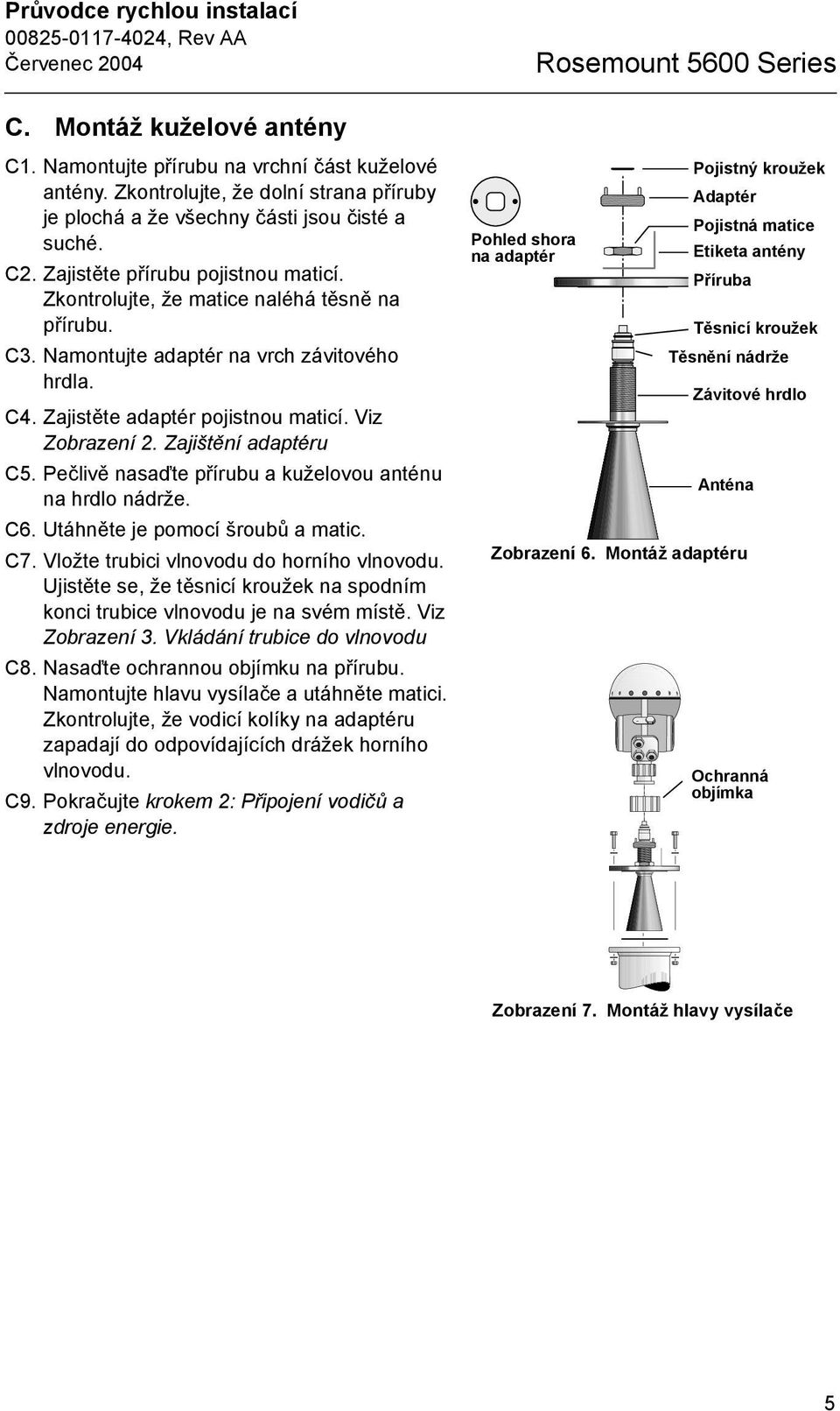 Pečlivě nasaďte přírubu a kuželovou anténu na hrdlo nádrže. C6. Utáhněte je pomocí šroubů a matic. C7. Vložte trubici vlnovodu do horního vlnovodu.