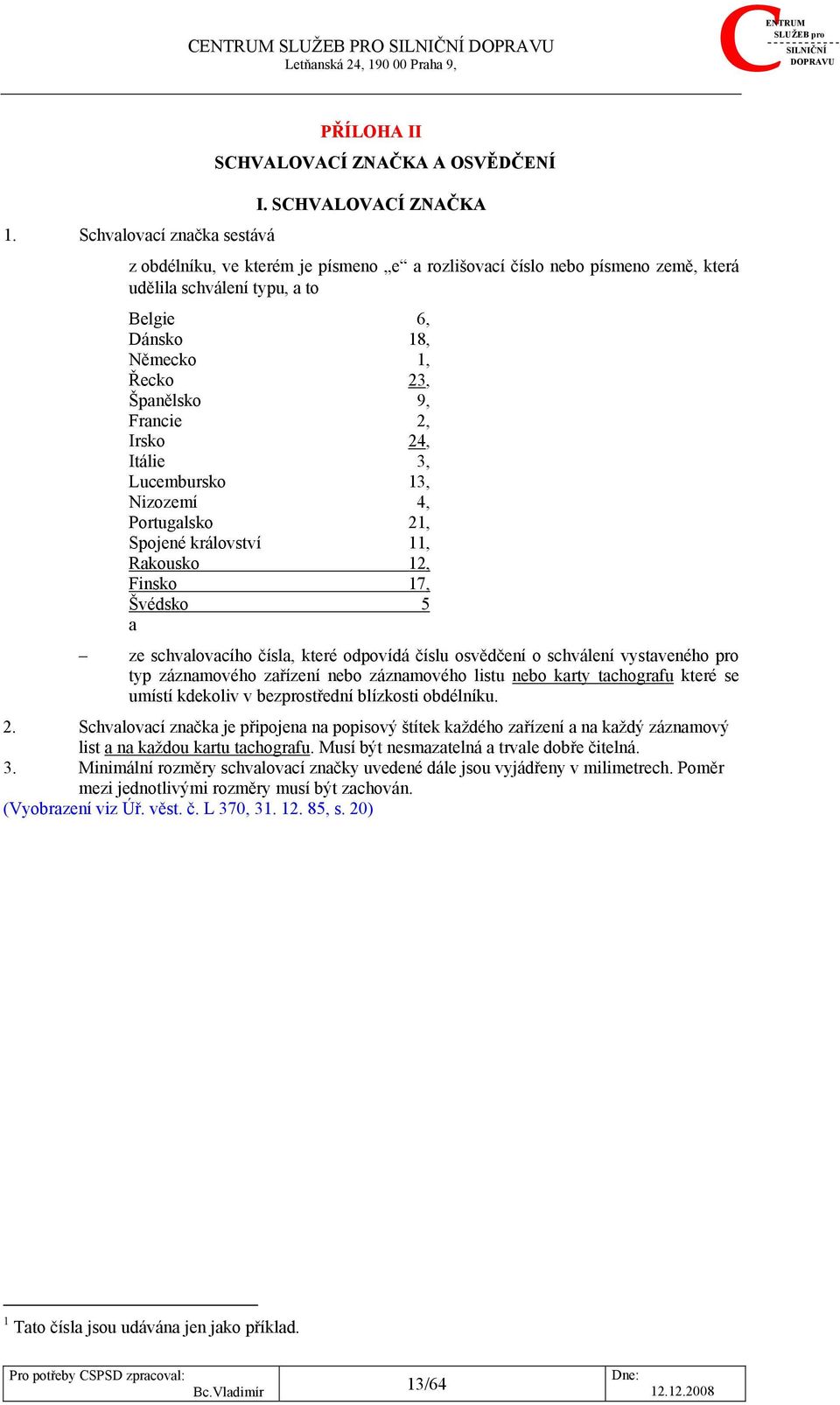 Irsko 24, Itálie 3, Lucembursko 13, Nizozemí 4, Portugalsko 21, Spojené království 11, Rakousko 12, Finsko 17, Švédsko 5 a ze schvalovacího čísla, které odpovídá číslu osvědčení o schválení