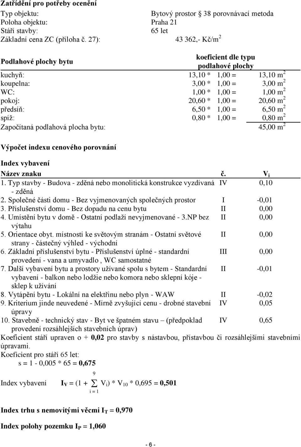 20,60 m 2 předsíň: 6,50 * 1,00 = 6,50 m 2 spíž: 0,80 * 1,00 = 0,80 m 2 Započítaná podlahová plocha bytu: 45,00 m 2 Výpočet indexu cenového porovnání Index vybavení Název znaku č. V i 1.