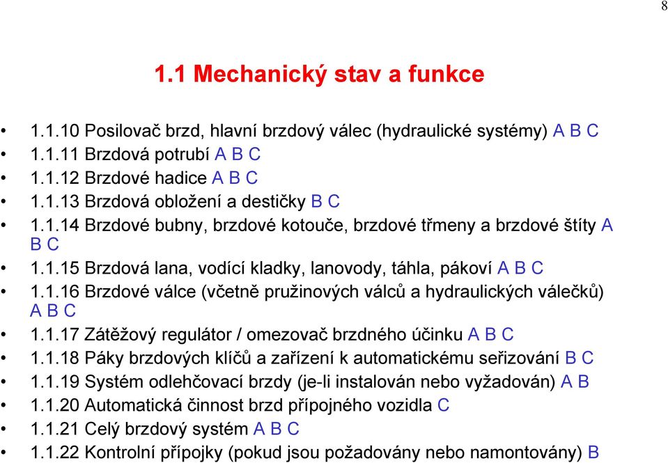 1.17 Zátěžový regulátor / omezovač brzdného účinku A B C 1.1.18 Páky brzdových klíčů a zařízení k automatickému seřizování B C 1.1.19 Systém odlehčovací brzdy (je-li instalován nebo vyžadován) A B 1.