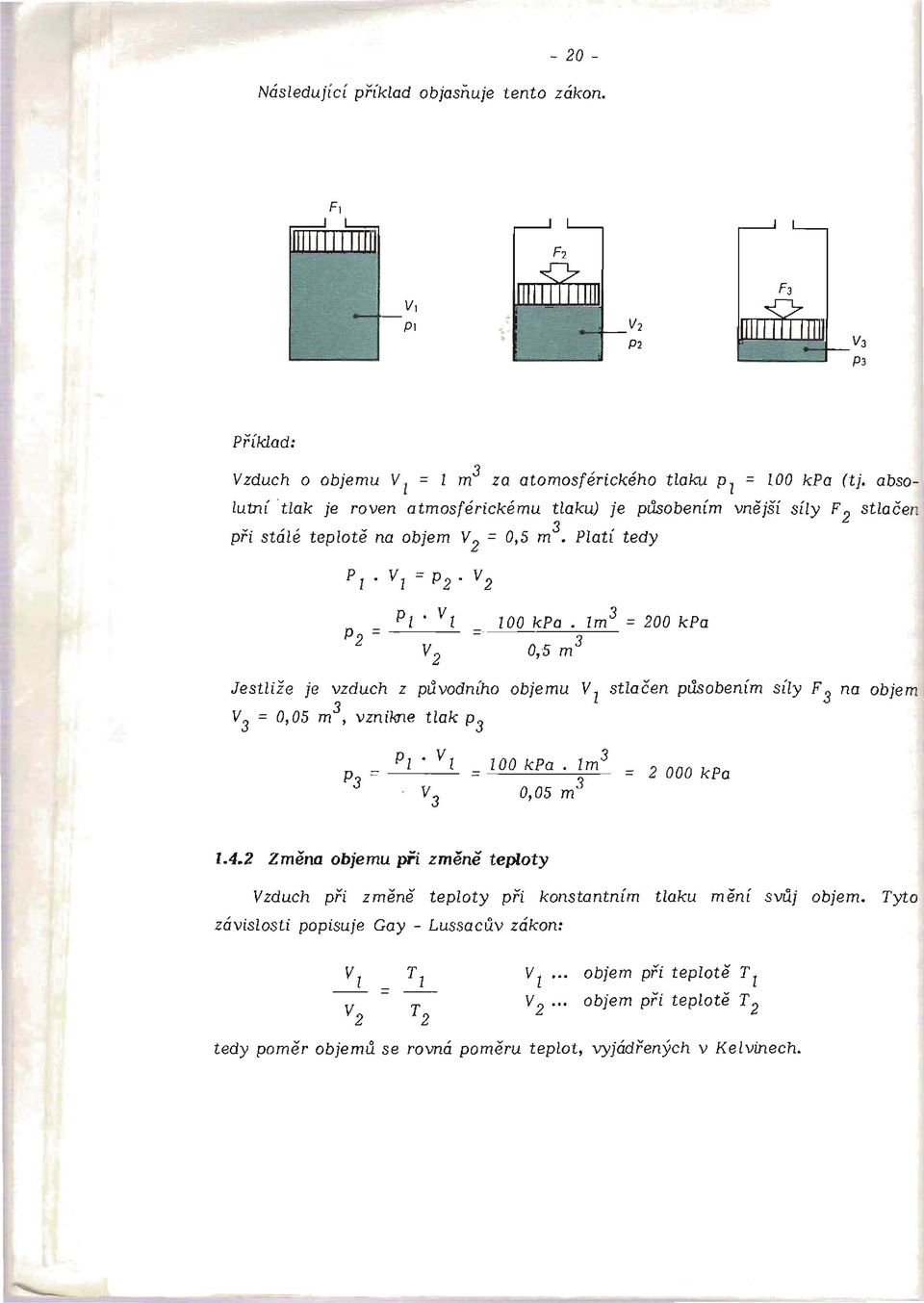 1m 3 = 200 kpa 3 0,5 m Jestliže je vzduch z původního objemu V stlačen působením síly F 3 na objem V = 0,05 m 3, vznikne tlak P3 3 100 kpa. 1m 3 = 3 0,05 m = 2 000 kpa 1.4.