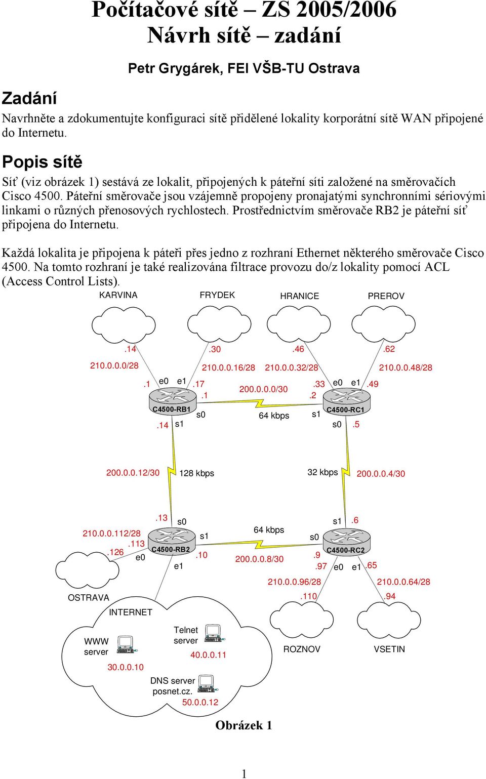 Páteřní směrovače jsou vzájemně propojeny pronajatými synchronními sériovými linkami o různých přenosových rychlostech. Prostřednictvím směrovače RB2 je páteřní síť připojena do Internetu.