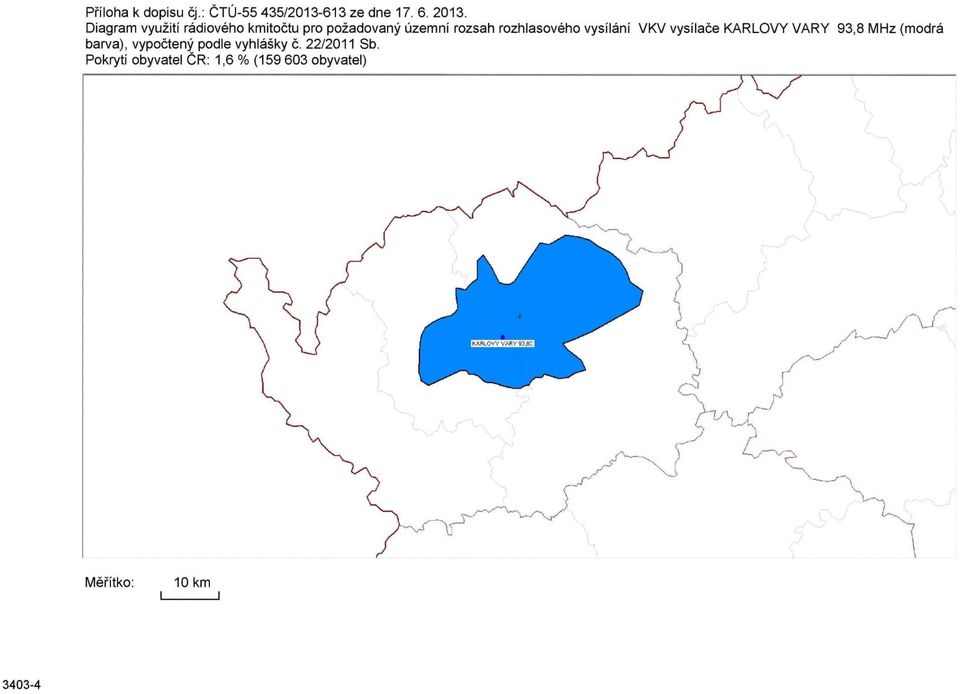 vysílání VKV vysílače KARLOVY VARY 93,8 MHz (modrá barva), vypočtený podle