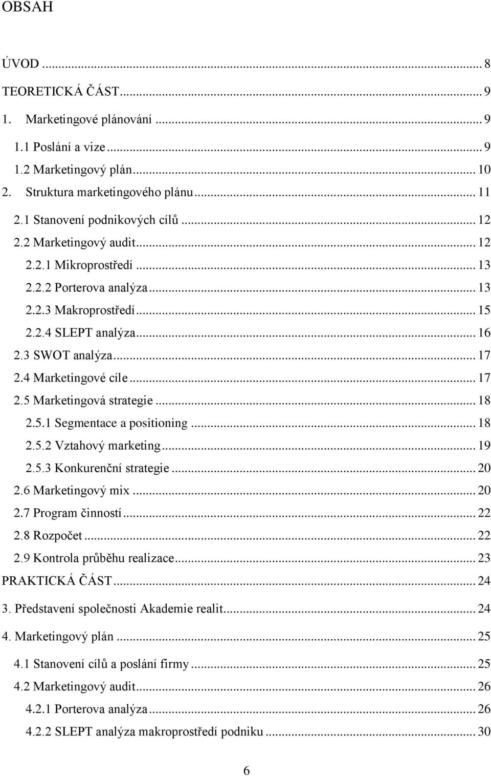 .. 18 2.5.1 Segmentace a positioning... 18 2.5.2 Vztahový marketing... 19 2.5.3 Konkurenční strategie... 20 2.6 Marketingový mix... 20 2.7 Program činností... 22 2.8 Rozpočet... 22 2.9 Kontrola průběhu realizace.