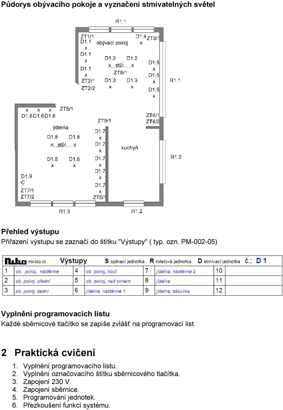 PM-002-05) Vyplnění programovacích listu Každé sběrnicové tlačítko se zapíše zvlášť na programovací list.