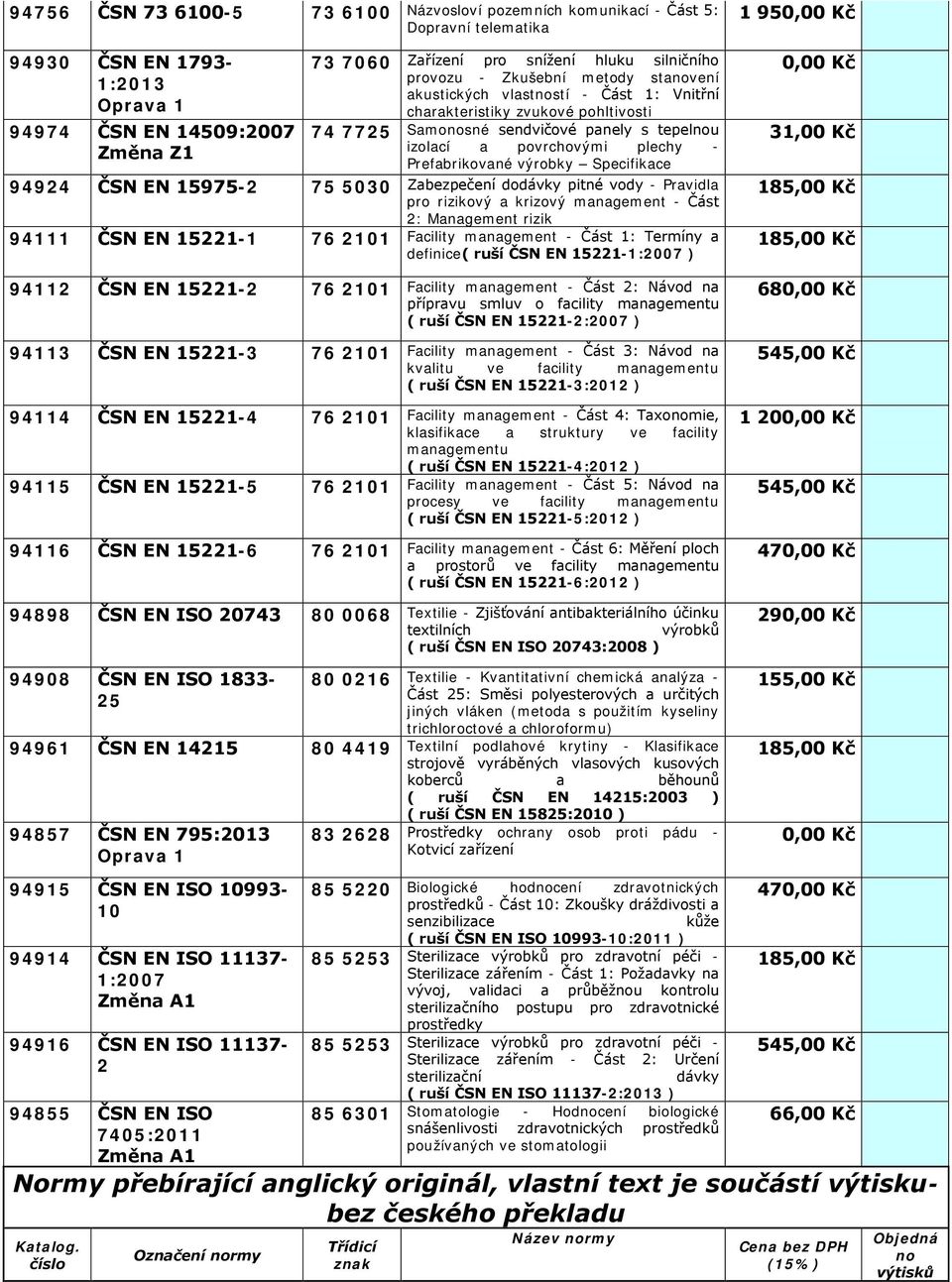 výrobky Specifikace 9494 ČSN EN 15975-75 5030 Zabezpečení dodávky pitné vody - Pravidla pro rizikový a krizový management - Část : Management rizik 94111 ČSN EN 151-1 76 101 Facility management -