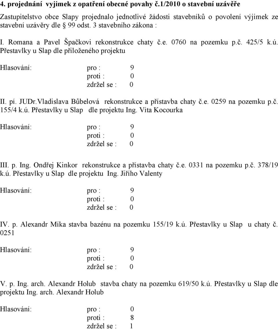 Vladislava Bůbelová rekonstrukce a přístavba chaty č.e. 0259 na pozemku p.č. 155/4 k.ú. Přestavlky u Slap dle projektu Ing. Víta Kocourka III. p. Ing. Ondřej Kinkor rekonstrukce a přístavba chaty č.e. 0331 na pozemku p.