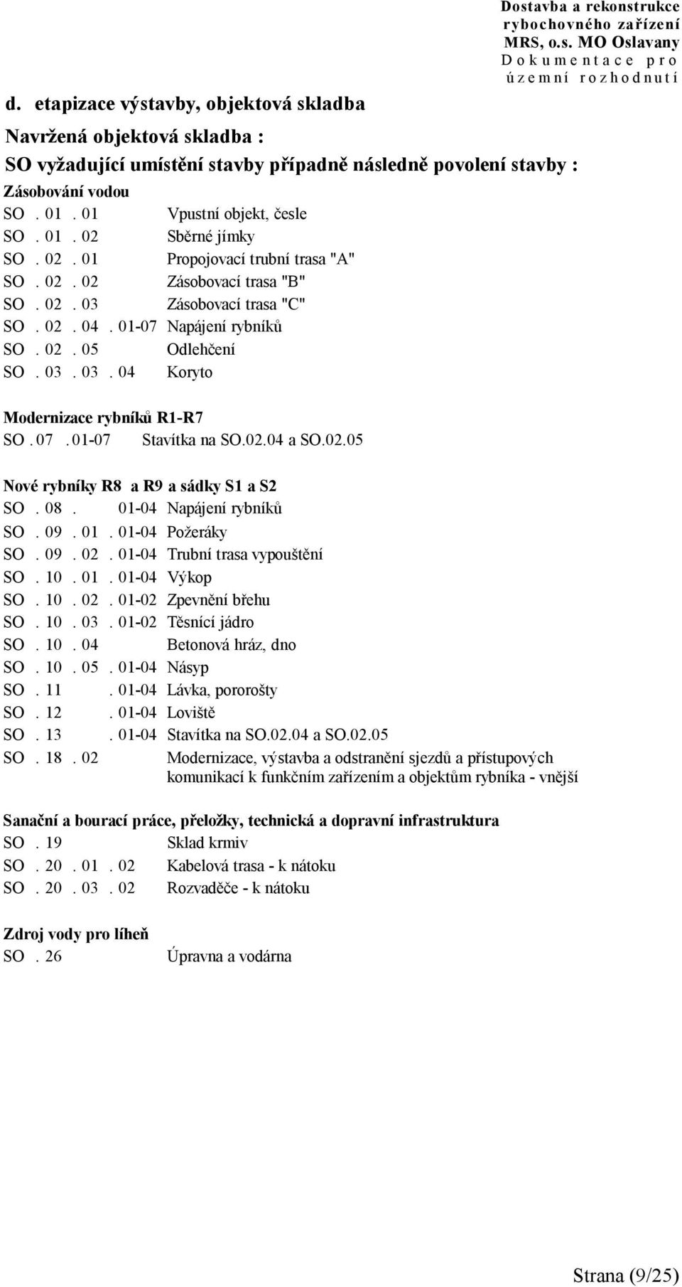 07. 01-07 Stavítka na SO.02.04 a SO.02.05 Dostavba a rekonstrukce Nové rybníky R8 a R9 a sádky S1 a S2 SO. 08. 01-04 Napájení rybníků SO. 09. 01. 01-04 Požeráky SO. 09. 02.