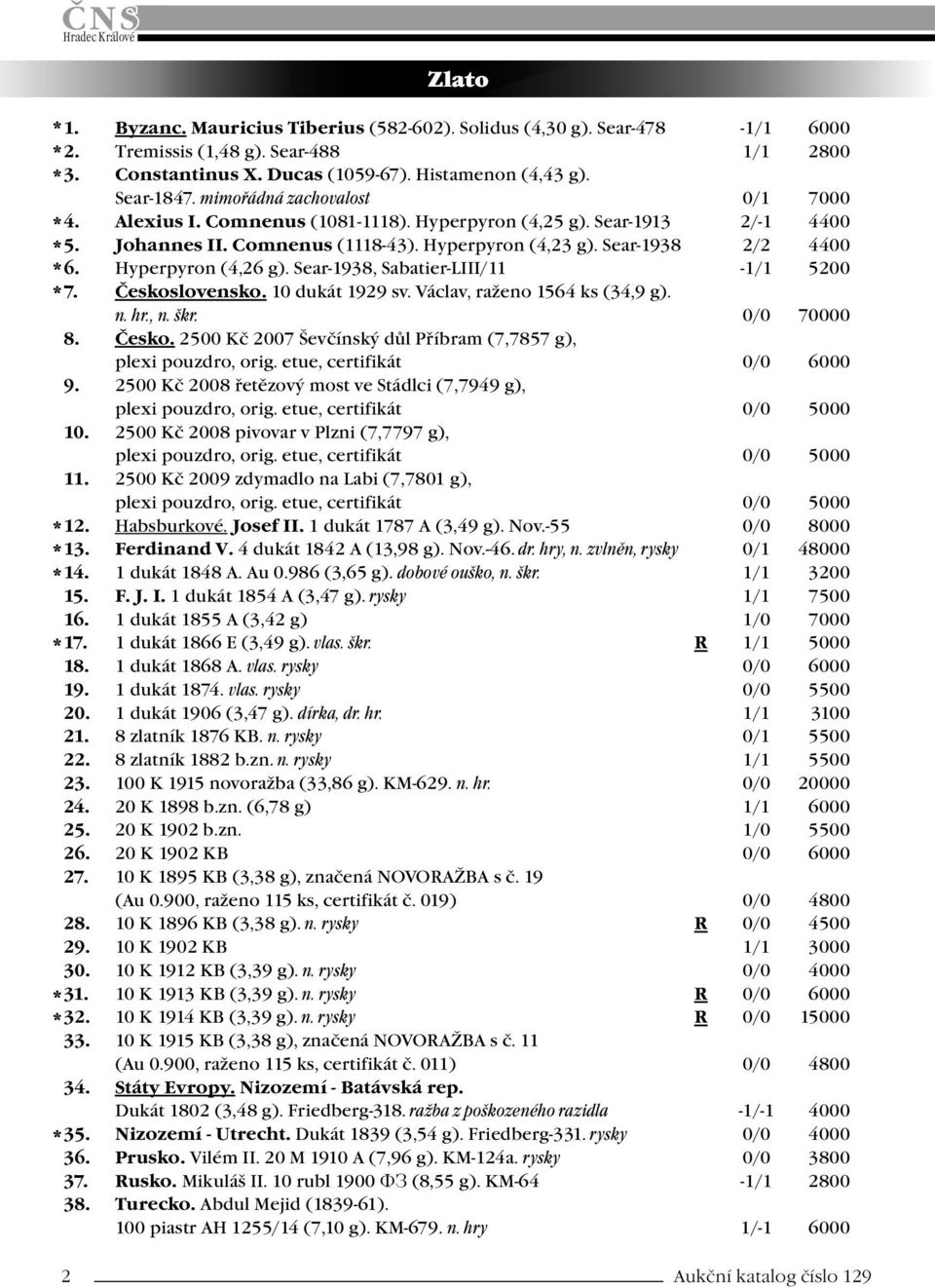 Hyperpyron (4,26 g). Sear-1938, Sabatier-LIII/11-1/1 5200 7. Československo. 10 dukát 1929 sv. Václav, raženo 1564 ks (34,9 g). n. hr., n. škr. 0/0 70000 8. Česko. 2500 Kč 2007 Ševčínský důl Příbram (7,7857 g), plexi pouzdro, orig.