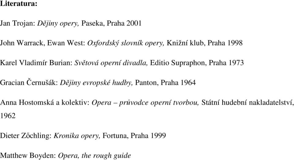 Černušák: Dějiny evropské hudby, Panton, Praha 1964 Anna Hostomská a kolektiv: Opera průvodce operní tvorbou,