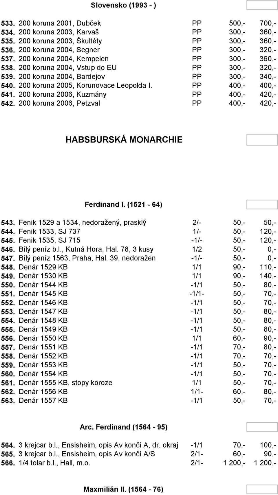 200 koruna 2005, Korunovace Leopolda I. PP 400,- 400,- 541. 200 koruna 2006, Kuzmány PP 400,- 420,- 542. 200 koruna 2006, Petzval PP 400,- 420,- HABSBURSKÁ MONARCHIE Ferdinand I. (1521-64) 543.