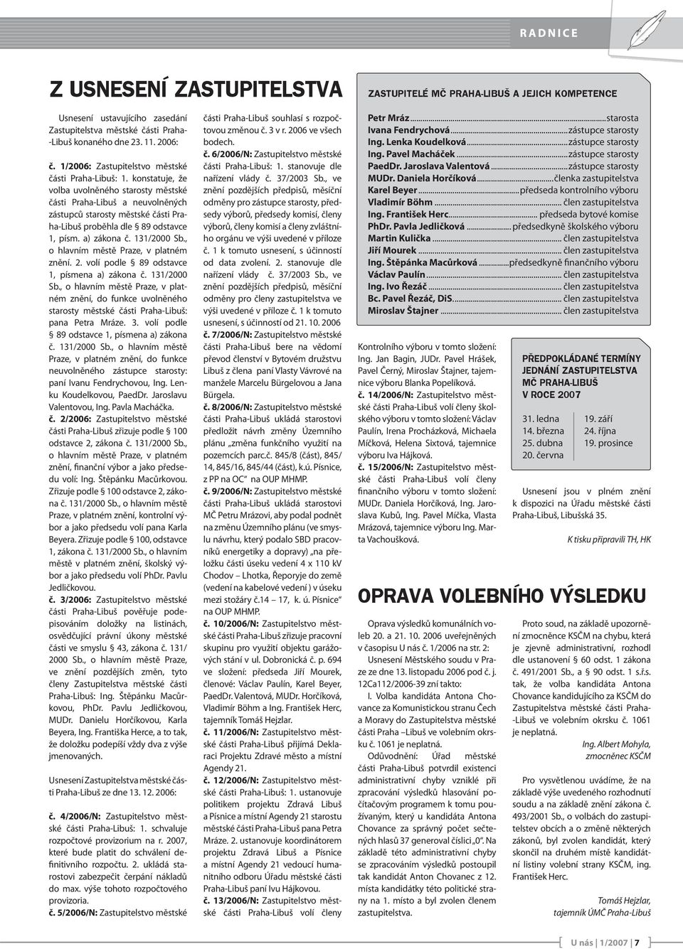 konstatuje, že volba uvolněného starosty městské části Praha-Libuš a neuvolněných zástupců starosty městské části Praha-Libuš proběhla dle 89 odstavce 1, písm. a) zákona č. 131/2000 Sb.
