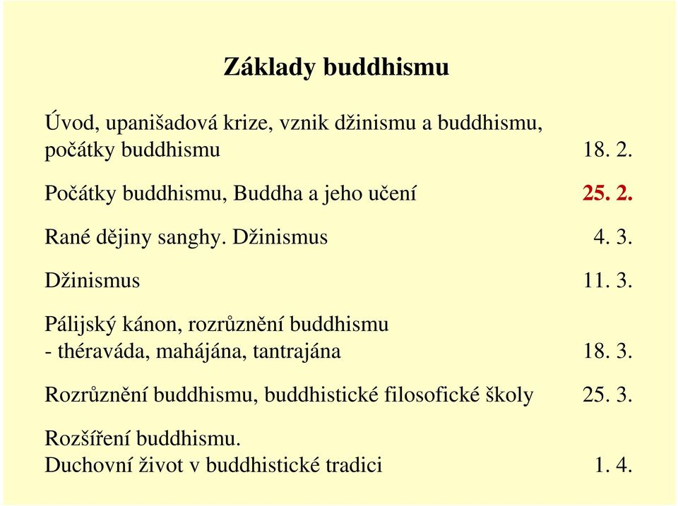 Džinismus 11. 3. Pálijský kánon, rozrůznění buddhismu - théraváda, mahájána, tantrajána 18. 3. Rozrůznění buddhismu, buddhistické filosofické školy 25.