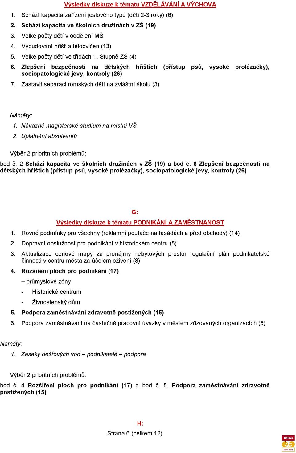 Zlepšení bezpečnosti na dětských hřištích (přístup psů, vysoké prolézačky), sociopatologické jevy, kontroly (26) 7. Zastavit separaci romských dětí na zvláštní školu (3) 1.