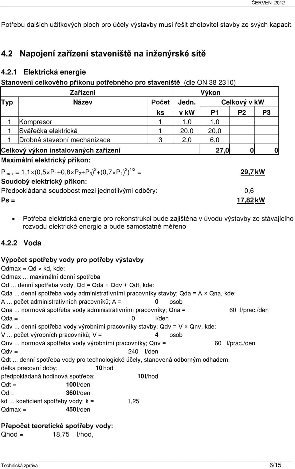 Celkový v kw ks v kw P1 P2 P3 1 Kompresor 1 1,0 1,0 1 Svářečka elektrická 1 20,0 20,0 1 Drobná stavební mechanizace 3 2,0 6,0 Celkový výkon instalovaných zařízení 27,0 0 0 Maximální elektrický