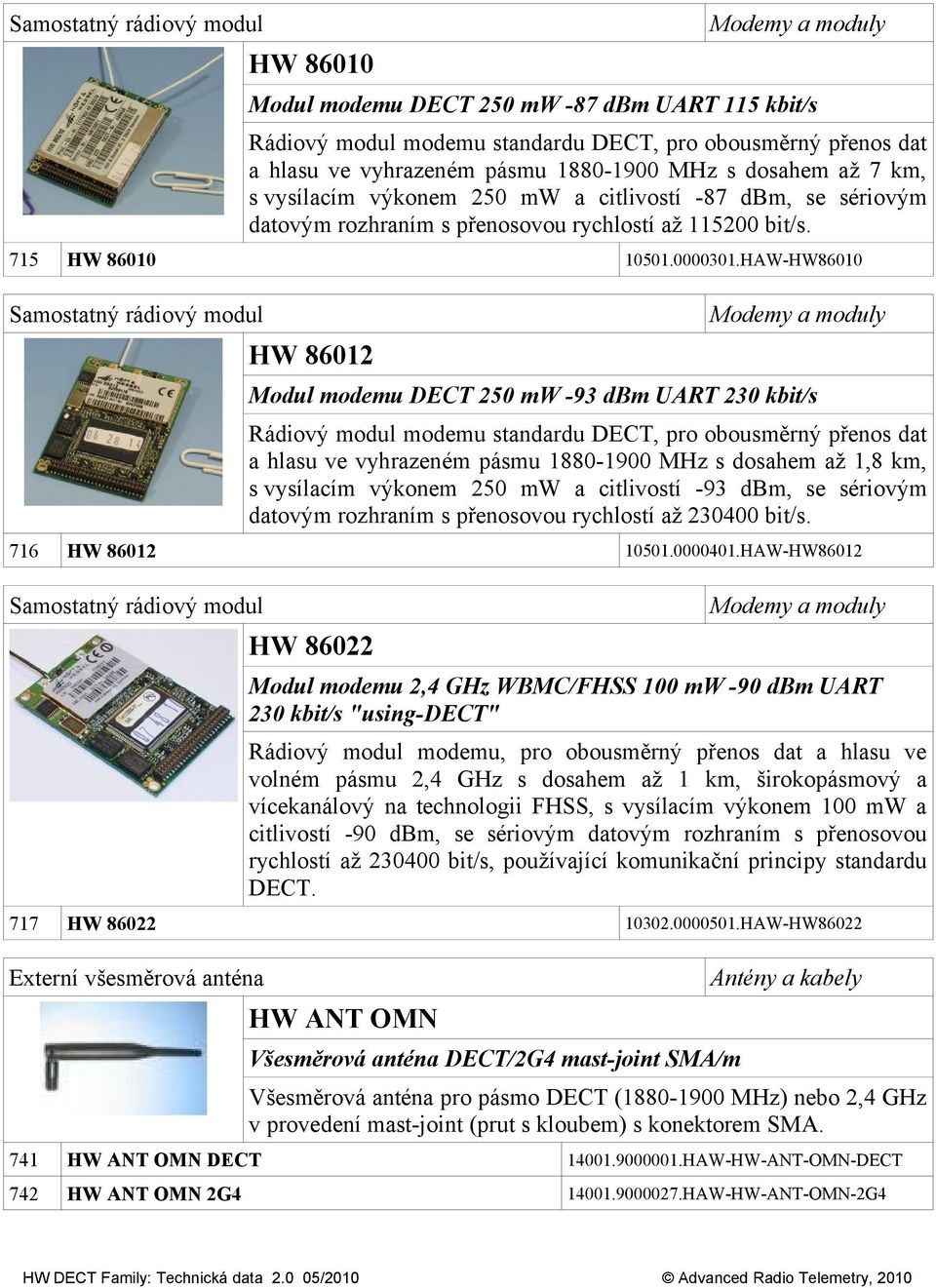 HAW-HW86010 Samostatný rádiový modul HW 86012 Modul modemu DECT 250 mw -93 dbm UART 230 kbit/s Rádiový modul modemu standardu DECT, pro obousměrný přenos dat a hlasu ve vyhrazeném pásmu 1880-1900 MHz