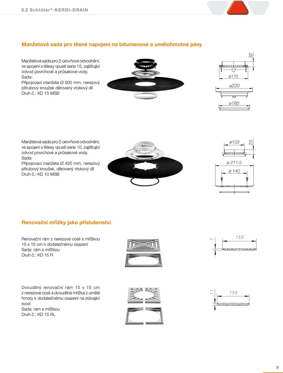 : KD 15 MSB Manžetová sada pro 2-úrovňové odvodnění, ve spojení s tělesy vpustí serie 10, zajišťující odvod povrchové a průsakové vody.