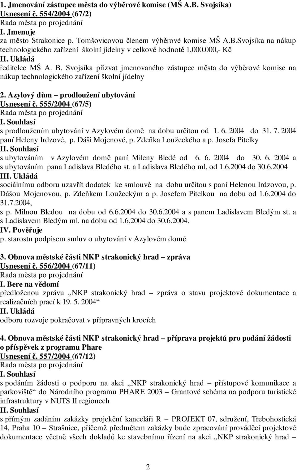 555/2004 (67/5) s prodloužením ubytování v Azylovém domě na dobu určitou od 1. 6. 2004 do 31. 7. 2004 paní Heleny Irdzové, p. Dáši Mojenové, p. Zdeňka Loužeckého a p.