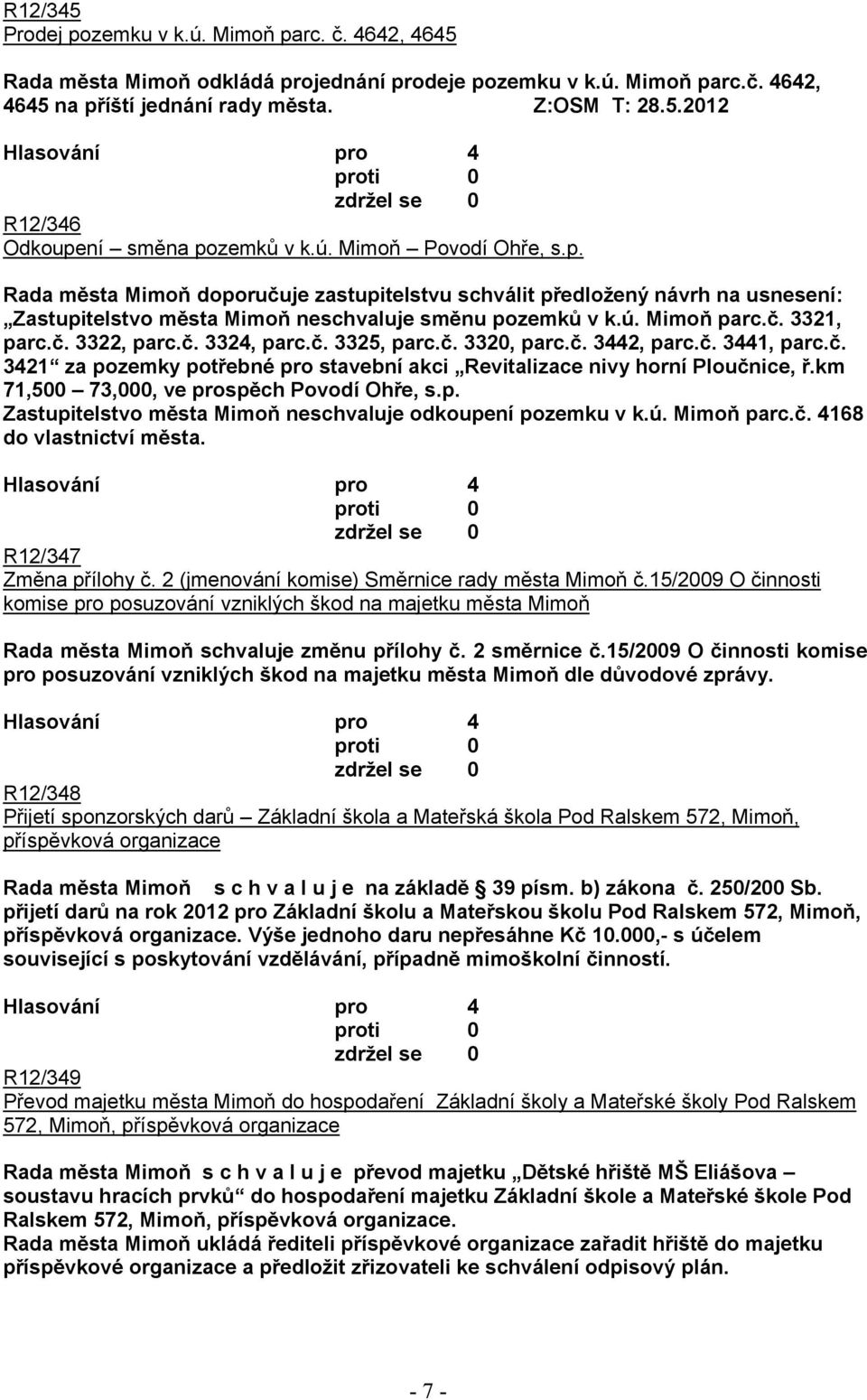 č. 3324, parc.č. 3325, parc.č. 3320, parc.č. 3442, parc.č. 3441, parc.č. 3421 za pozemky potřebné pro stavební akci Revitalizace nivy horní Ploučnice, ř.km 71,500 73,000, ve prospěch Povodí Ohře, s.p. Zastupitelstvo města Mimoň neschvaluje odkoupení pozemku v k.