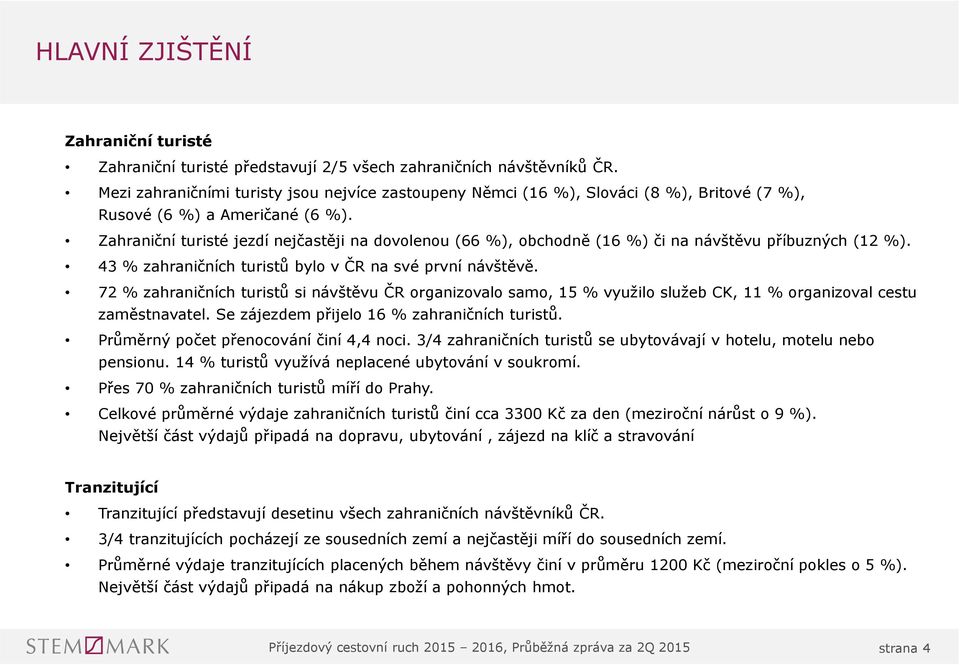 Zahraniční turisté jezdí nejčastěji na dovolenou (66 %), obchodně (6 %) či na návštěvu příbuzných ( %). % zahraničních turistů bylo v ČR na své první návštěvě.