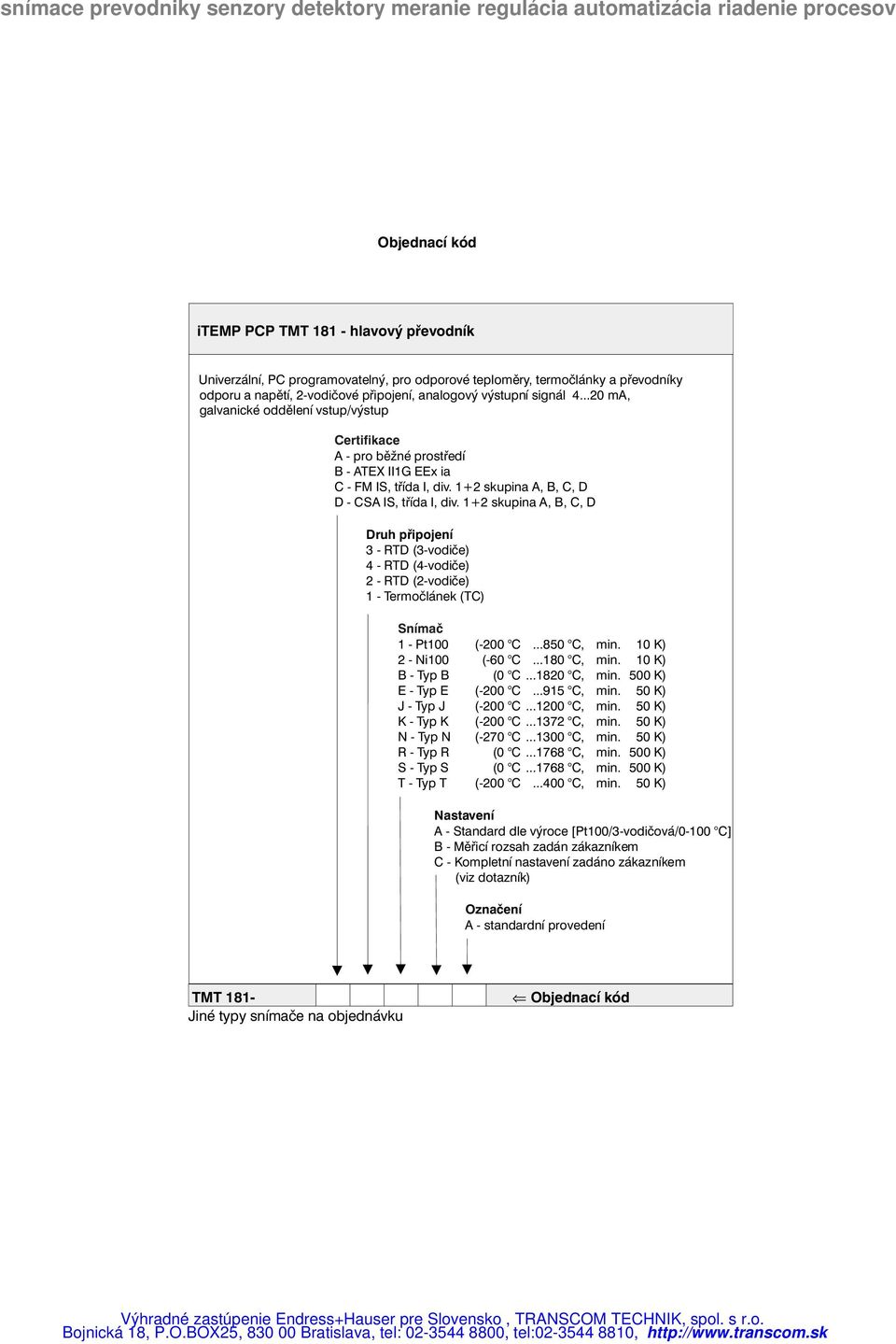 1+2 skupina A, B, C, D Druh připojení 3 - RTD (3-vodiče) 4 - RTD (4-vodiče) 2 - RTD (2-vodiče) 1 - Termočlánek (TC) Snímač 1 - Pt100 (-200 C...850 C, min. 10 K) 2 - Ni100 (-60 C...180 C, min.