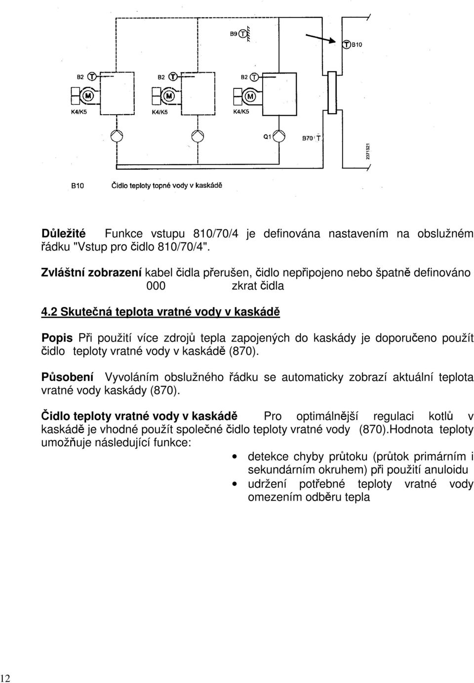 2 Skutečná teplota vratné vody v kaskádě Popis Při použití více zdrojů tepla zapojených do kaskády je doporučeno použít čidlo teploty vratné vody v kaskádě (870).