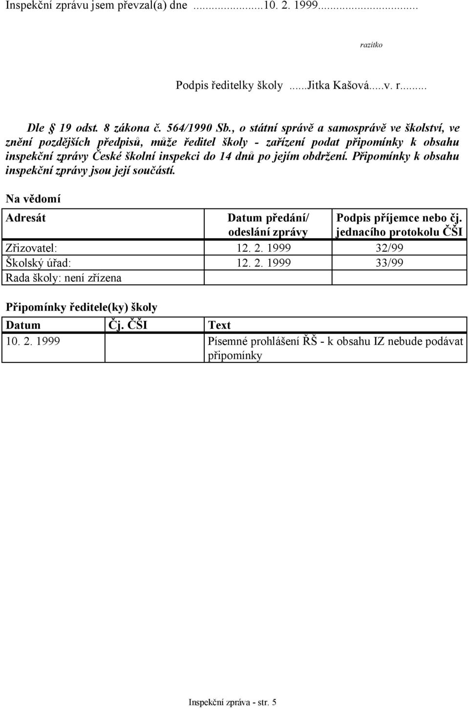 jejím obdržení. Připomínky k obsahu inspekční zprávy jsou její součástí. Na vědomí Adresát Datum předání/ odeslání zprávy Podpis příjemce nebo čj.