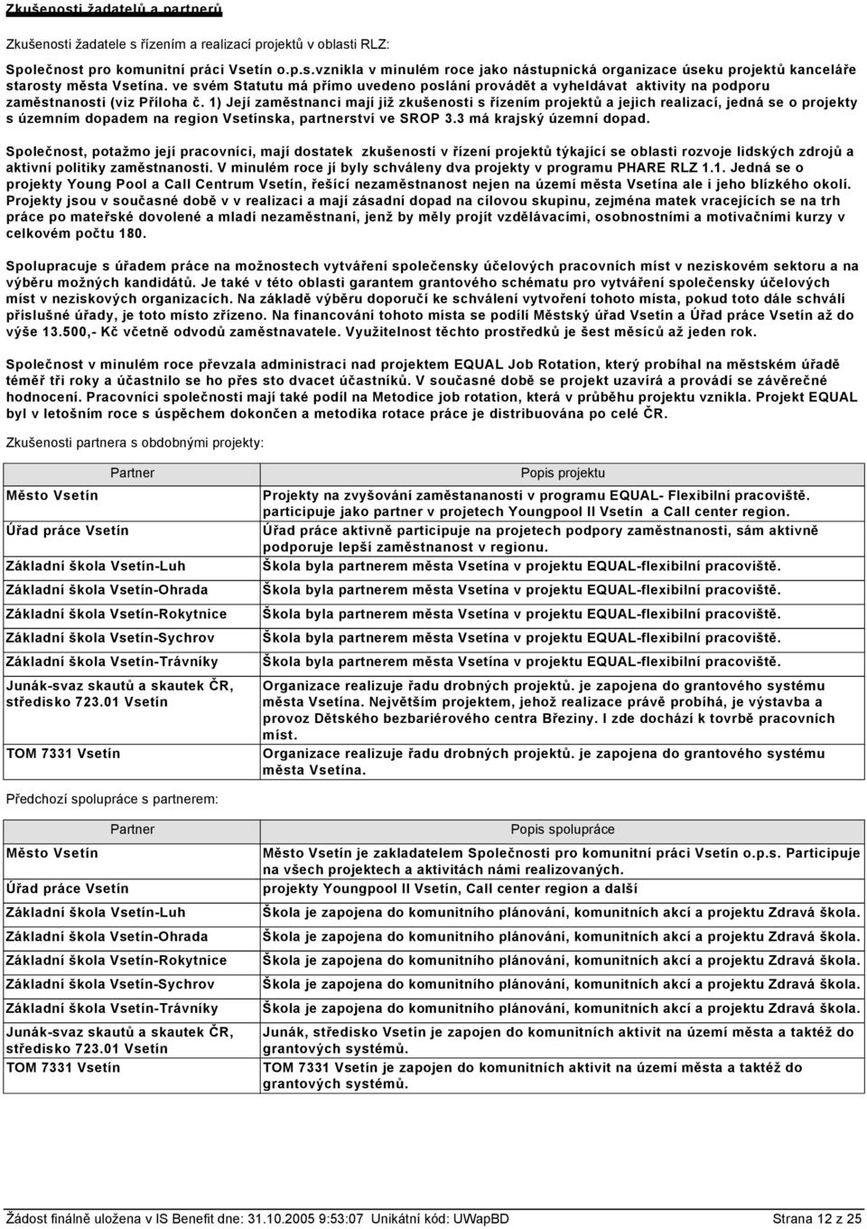 1) Její zaměstnanci mají již zkušenosti s řízením projektů a jejich realizací, jedná se o projekty s územním dopadem na region Vsetínska, partnerství ve SROP 3.3 má krajský územní dopad.