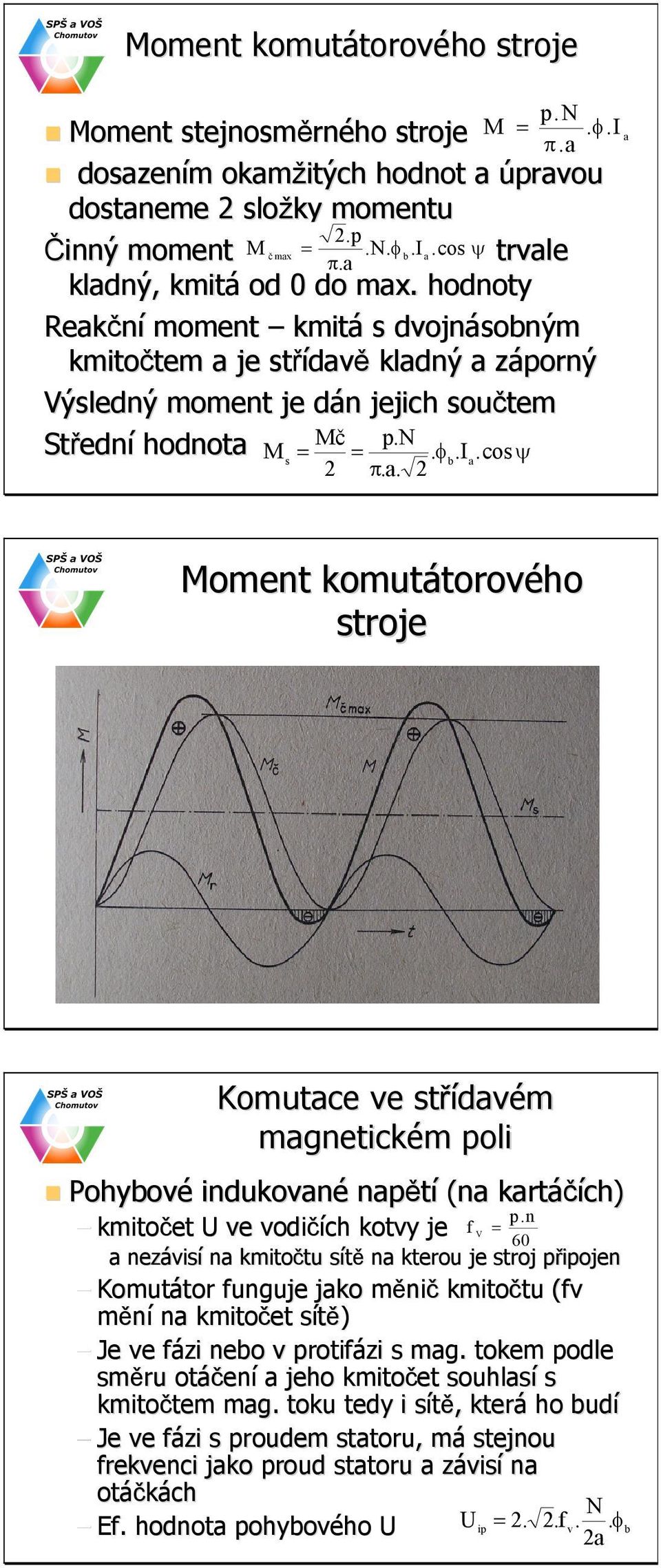 n M M = =. φ.i. cosψ s b a 2 π.a. 2 p.n =. φ.i a Moment komutátorov torového stroje Pohybové indukované napětí (na kartáčích) p.