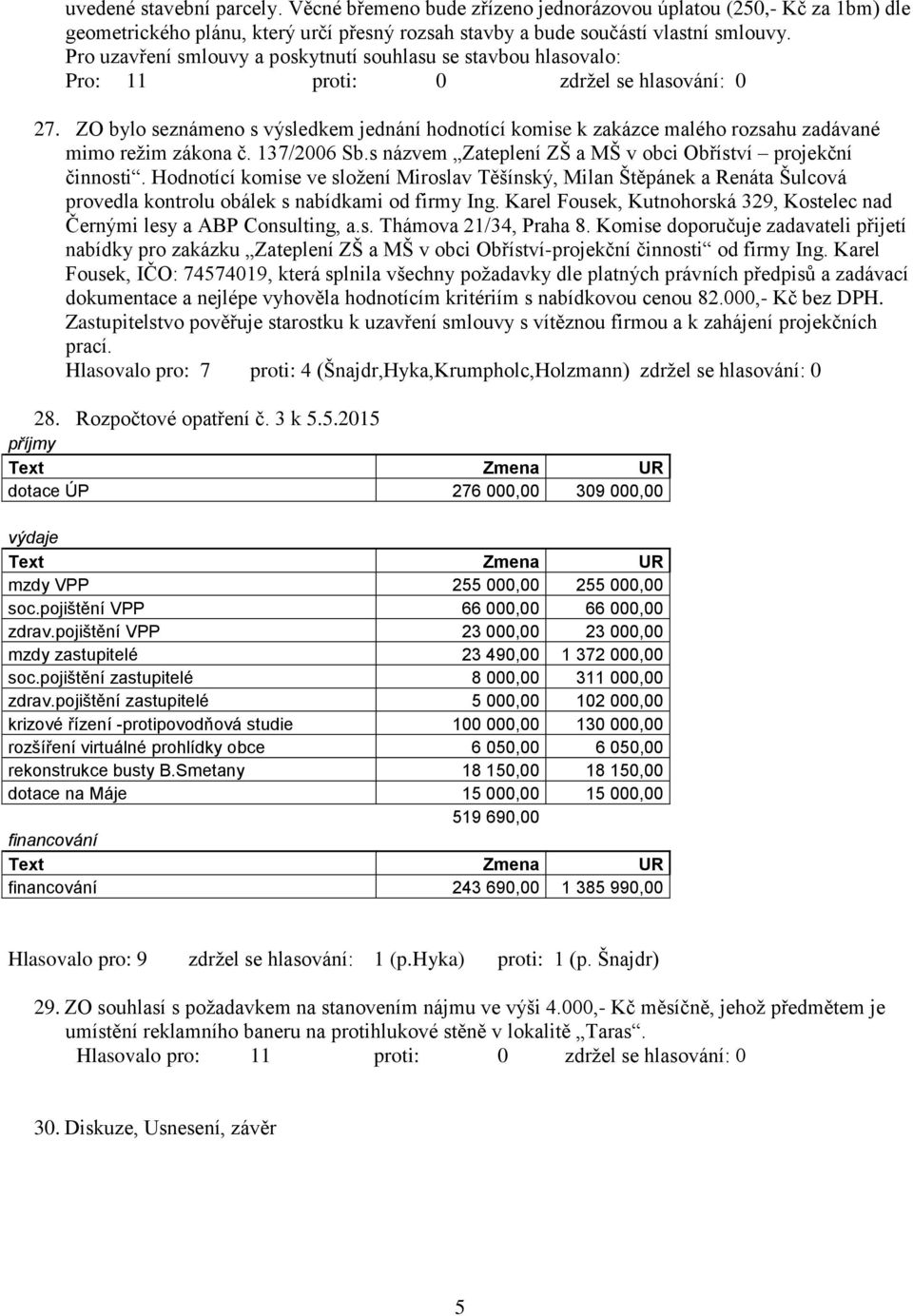 s názvem Zateplení ZŠ a MŠ v obci Obříství projekční činnosti. Hodnotící komise ve složení Miroslav Těšínský, Milan Štěpánek a Renáta Šulcová provedla kontrolu obálek s nabídkami od firmy Ing.