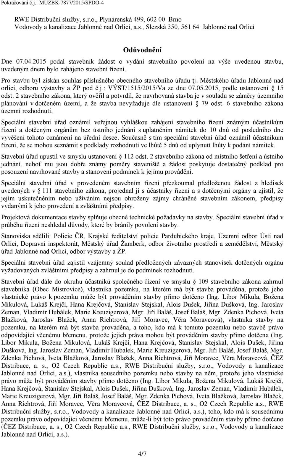 Městského úřadu Jablonné nad orlicí, odboru výstavby a ŽP pod č.j.: VÝST/1515/2015/Va ze dne 07.05.2015, podle ustanovení 15 odst.