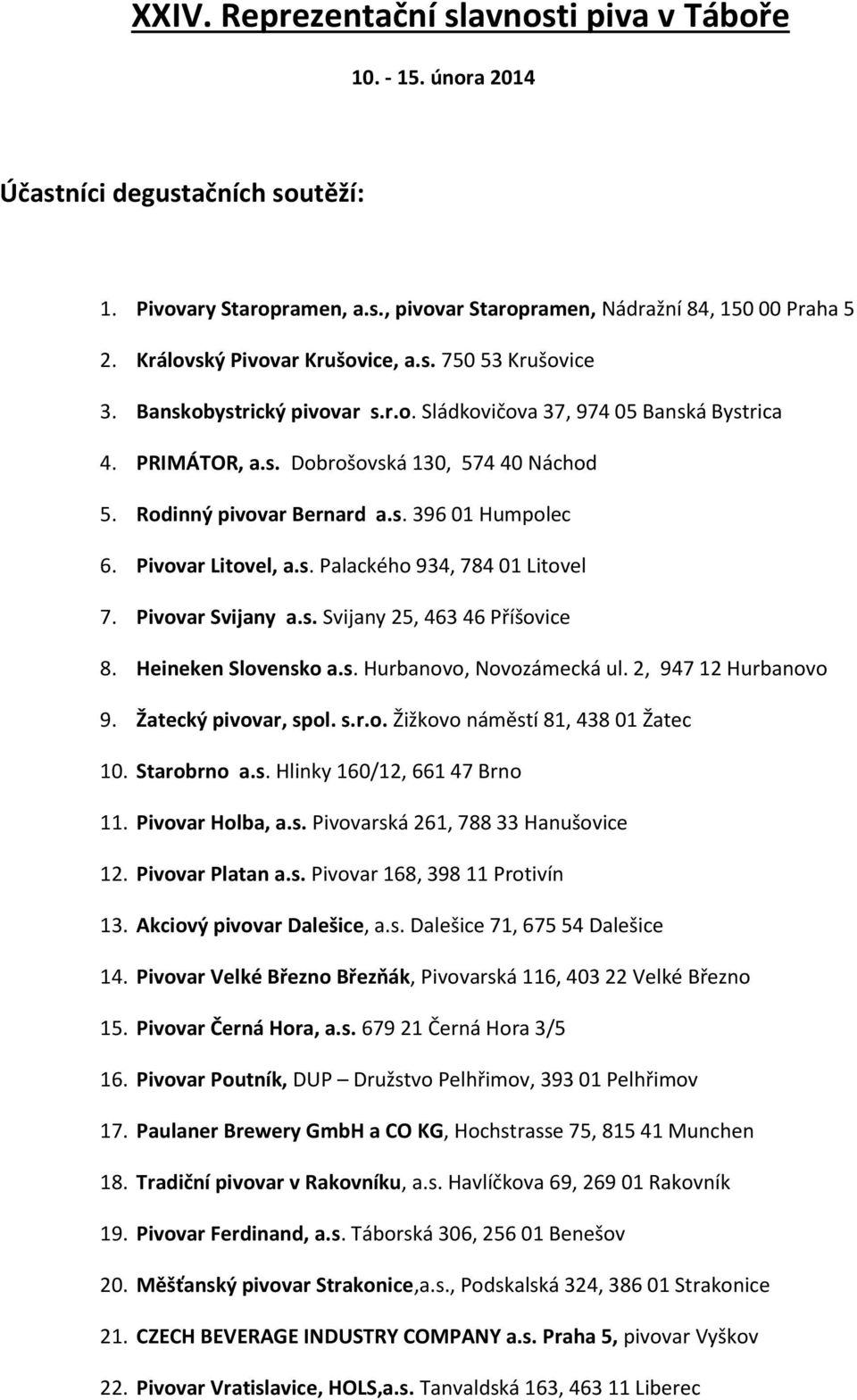 Rodinný pivovar Bernard a.s. 396 01 Humpolec 6. Pivovar Litovel, a.s. Palackého 934, 784 01 Litovel 7. Pivovar Svijany a.s. Svijany 25, 463 46 Příšovice 8. Heineken Slovensko a.s. Hurbanovo, Novozámecká ul.