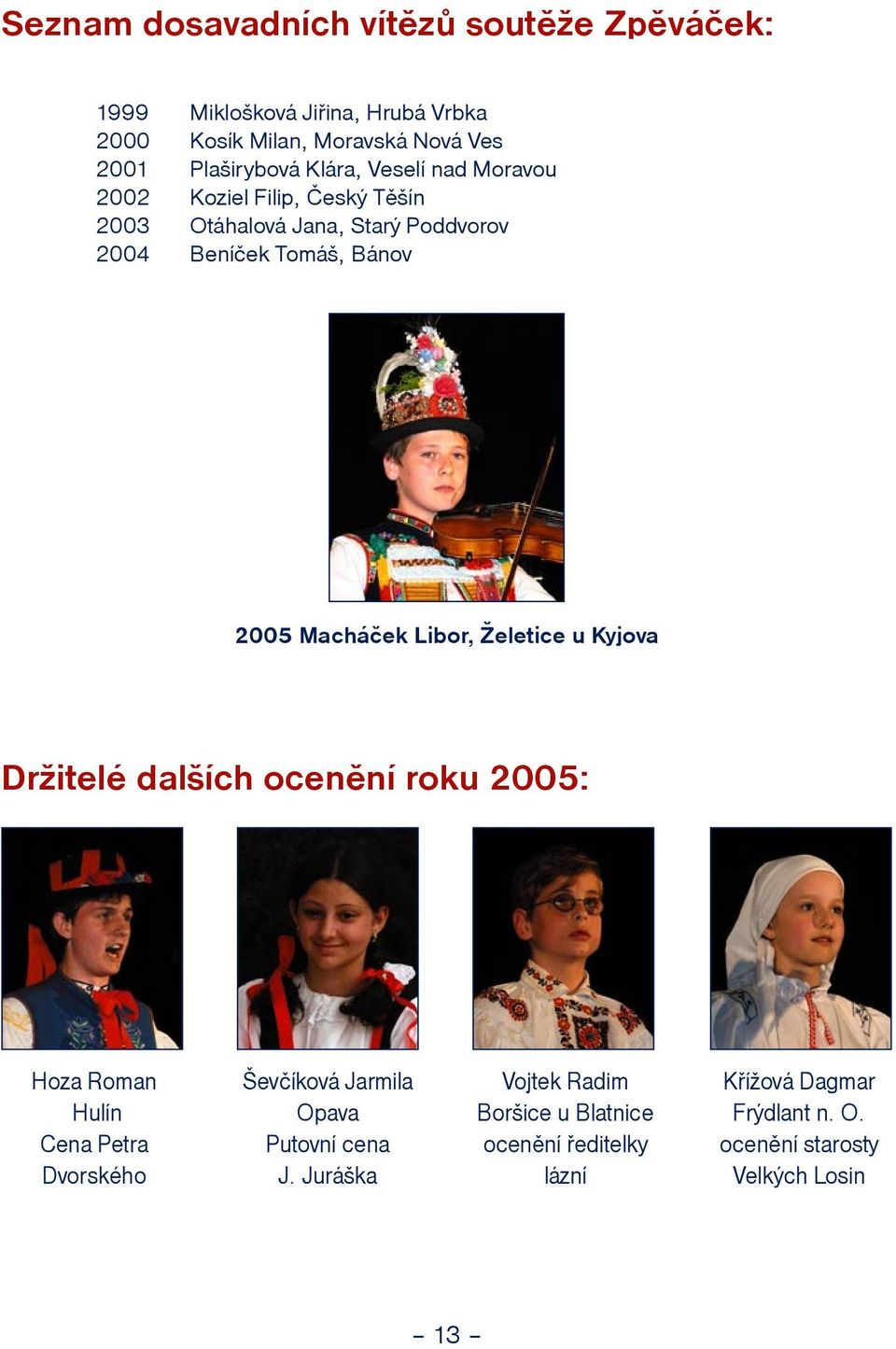 Macháèek Libor, eletice u Kyjova Dritelé dalích ocenìní roku 2005: Hoza Roman Hulín Cena Petra Dvorského evèíková Jarmila Opava