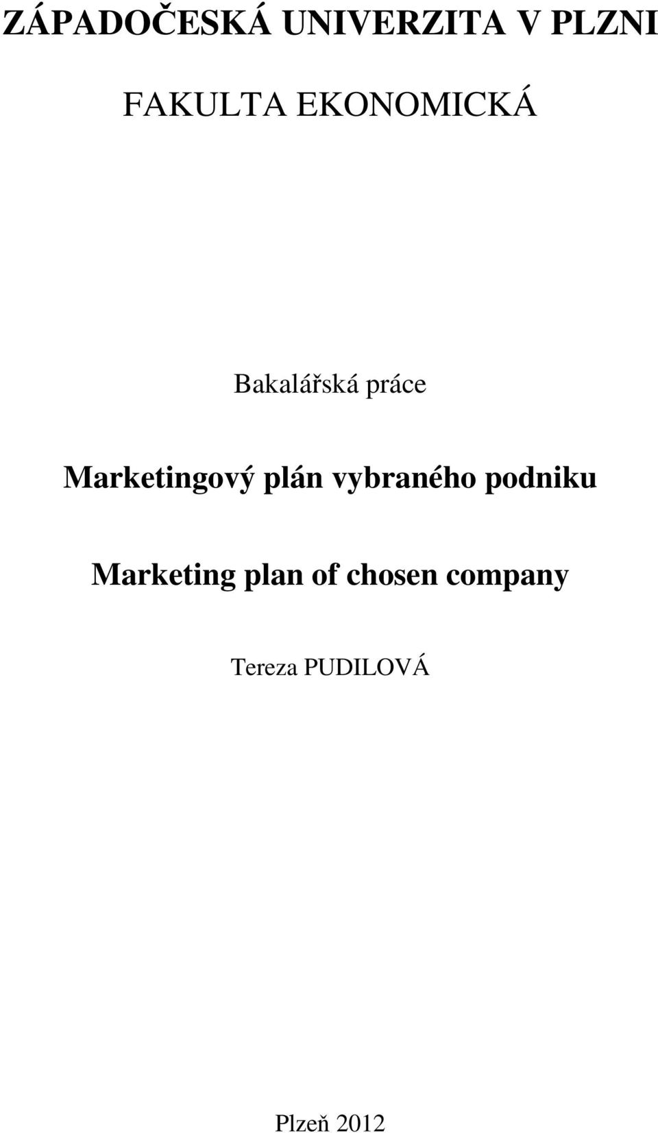 plán vybraného podniku Marketing plan of