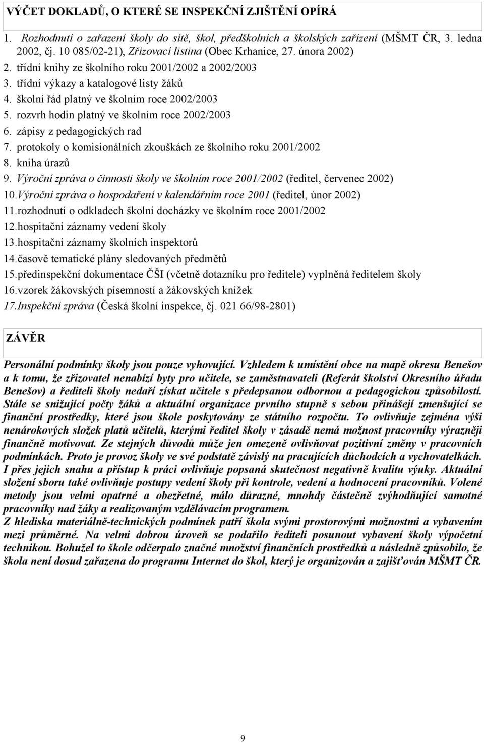 školní řád platný ve školním roce 2002/2003 5. rozvrh hodin platný ve školním roce 2002/2003 6. zápisy z pedagogických rad 7. protokoly o komisionálních zkouškách ze školního roku 2001/2002 8.