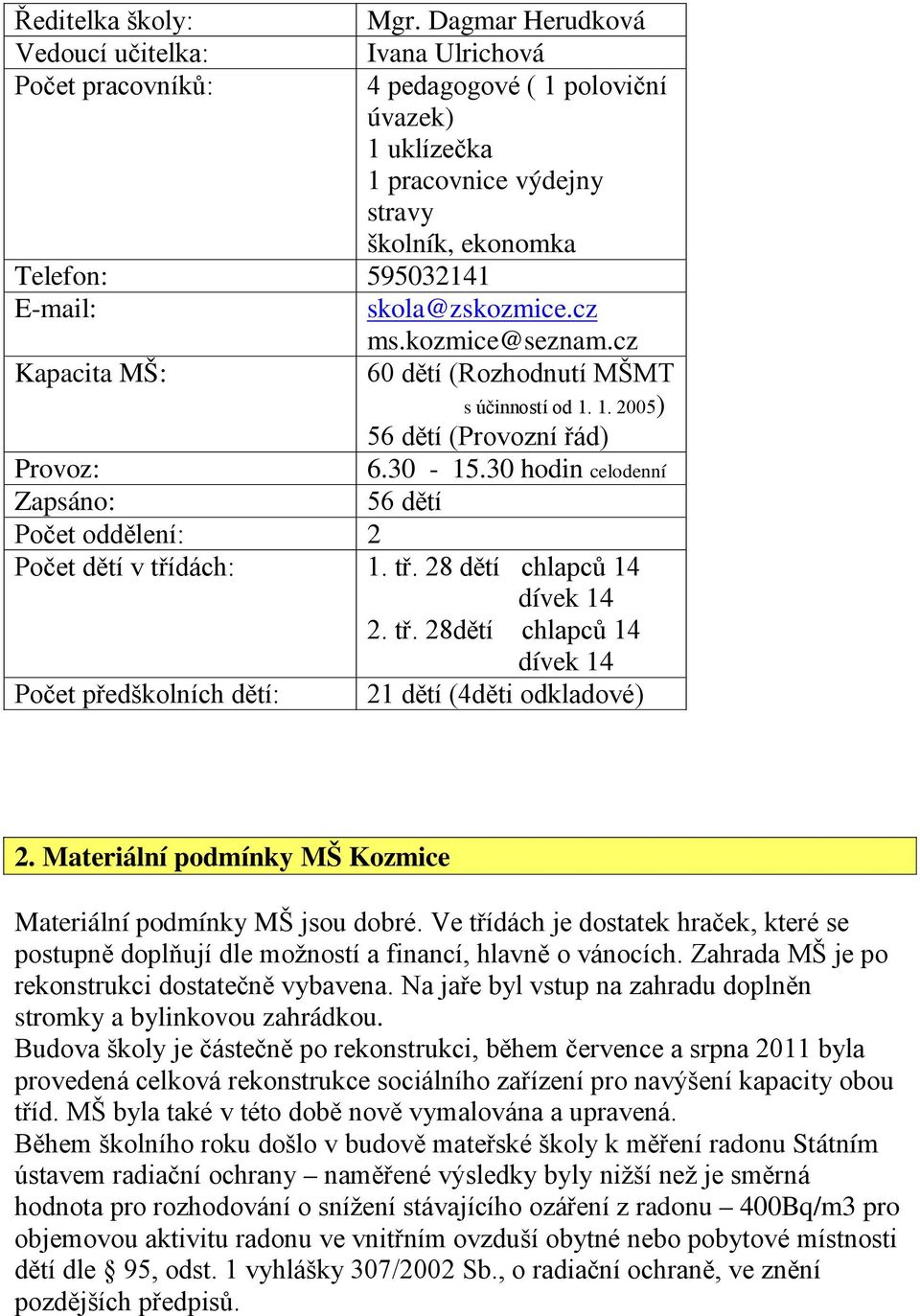 skola@zskozmice.cz ms.kozmice@seznam.cz Kapacita MŠ: 60 dětí (Rozhodnutí MŠMT s účinností od 1. 1. 2005) 56 dětí (Provozní řád) Provoz: 6.30-15.