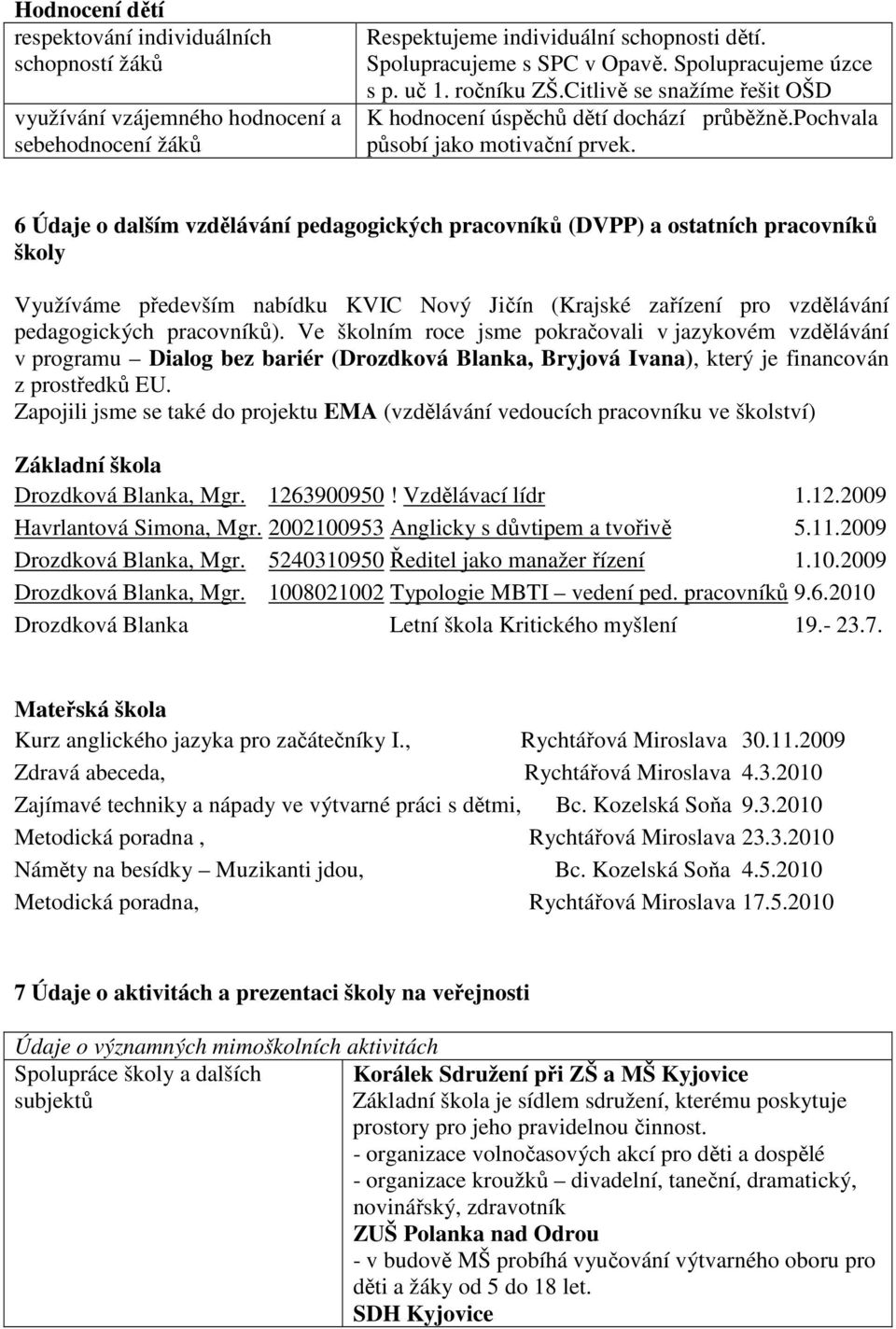 6 Údaje o dalším vzdělávání pedagogických pracovníků (DVPP) a ostatních pracovníků školy Využíváme především nabídku KVIC Nový Jičín (Krajské zařízení pro vzdělávání pedagogických pracovníků).