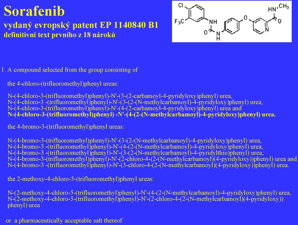 -(trifluoromethyl)phenyl)-n'-(3-(2-(n-methylcarbamoyl)-4-pyridyloxy)phenyl) urea, N-(4-chloro-3-(trifluoromethyl)phenyl)-N'-(4-(2-carbamoyl-4-pyridyloxy)phenyl) urea and